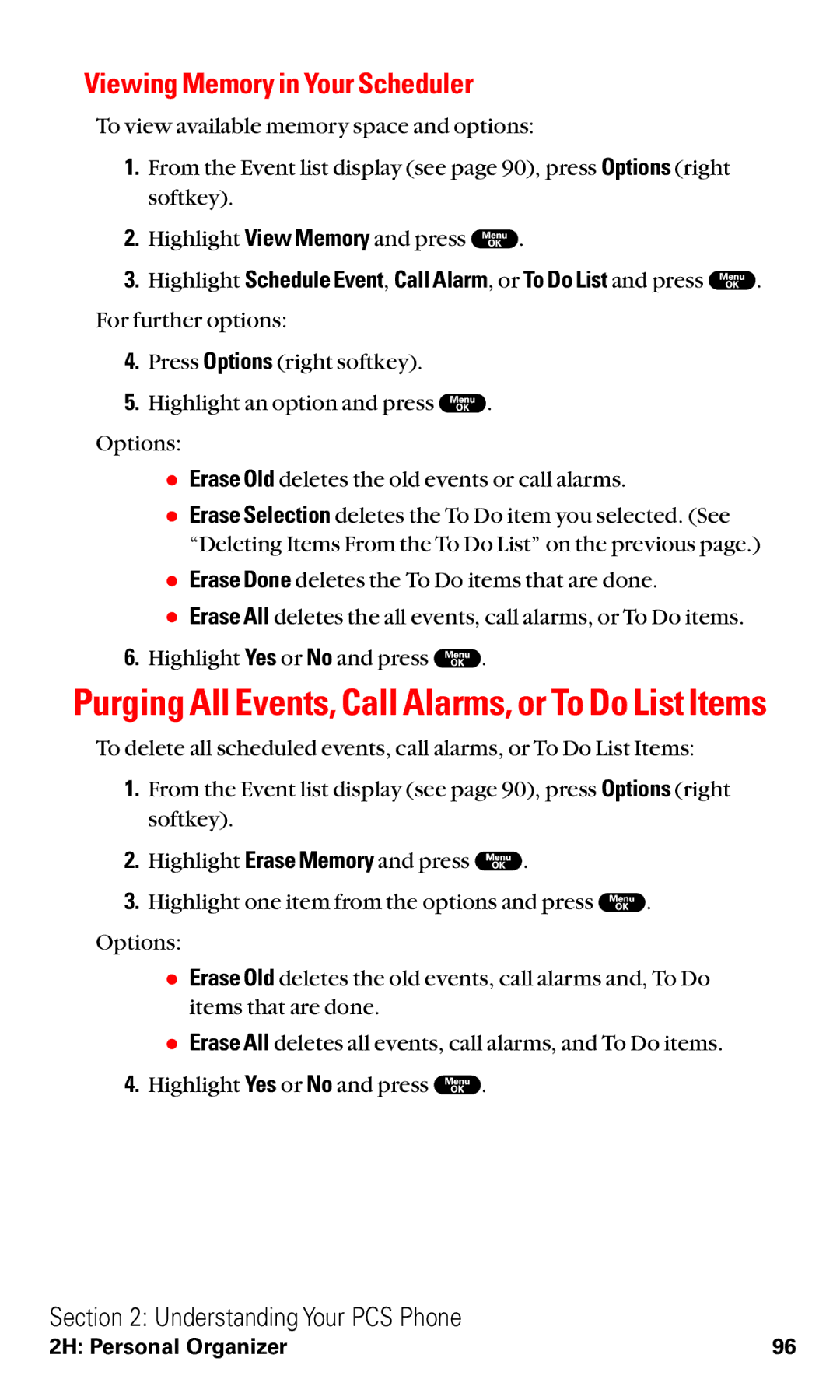 Sanyo RL2000 manual Purging All Events, Call Alarms, or To Do List Items, Viewing Memory in Your Scheduler 