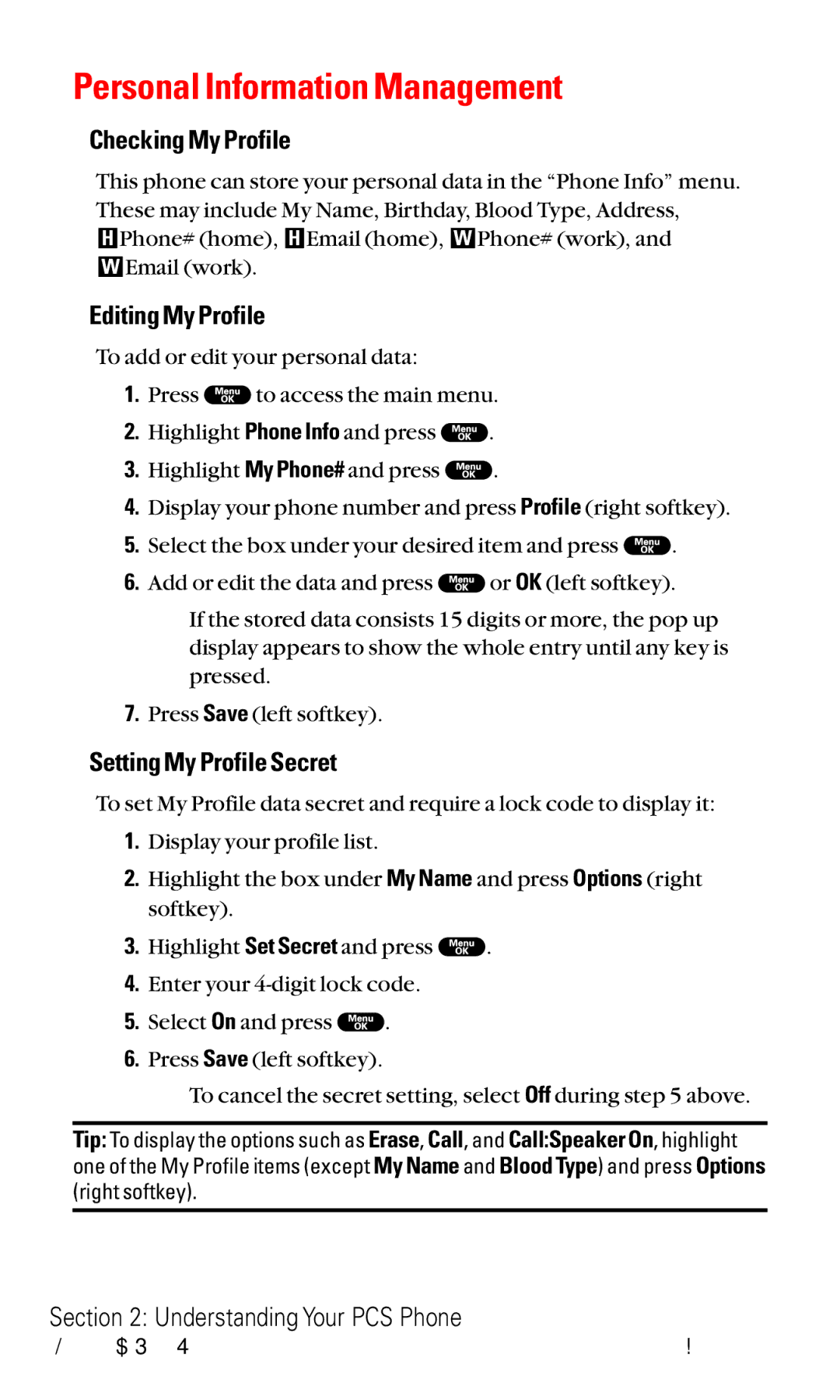 Sanyo RL2000 manual Personal Information Management, Checking My Profile, Editing My Profile, Setting My Profile Secret 