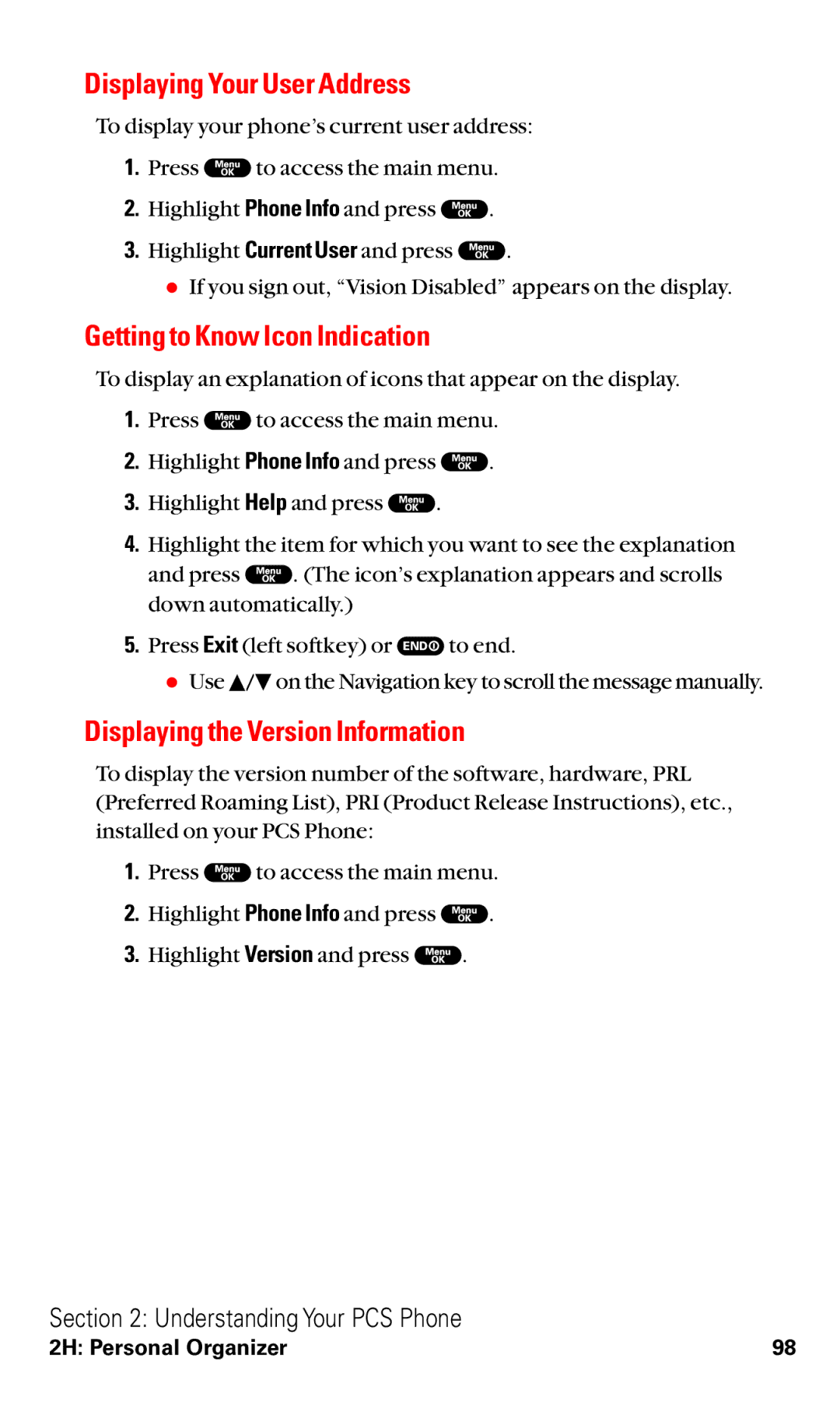 Sanyo RL2000 manual Displaying Your User Address, Getting to Know Icon Indication, Displaying the Version Information 