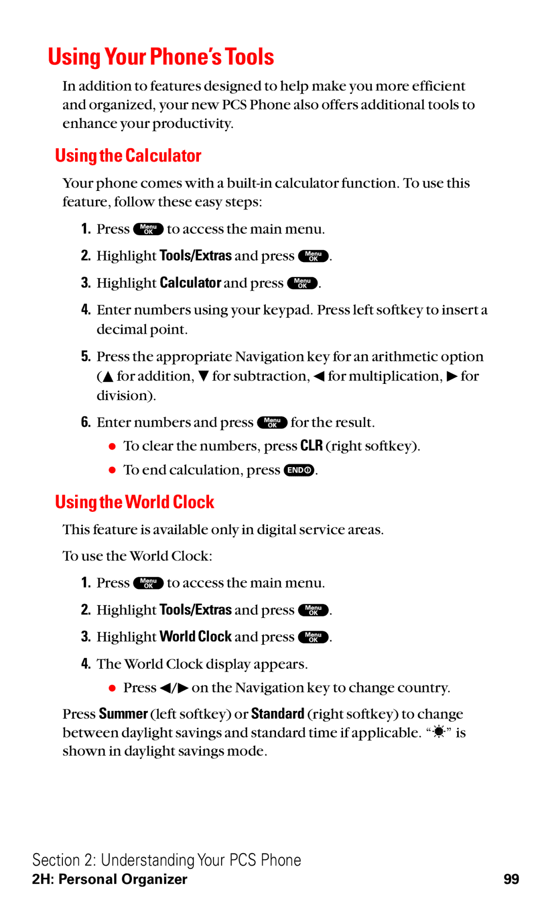 Sanyo RL2000 manual Using Your Phone’s Tools, Using the Calculator, Using the World Clock 