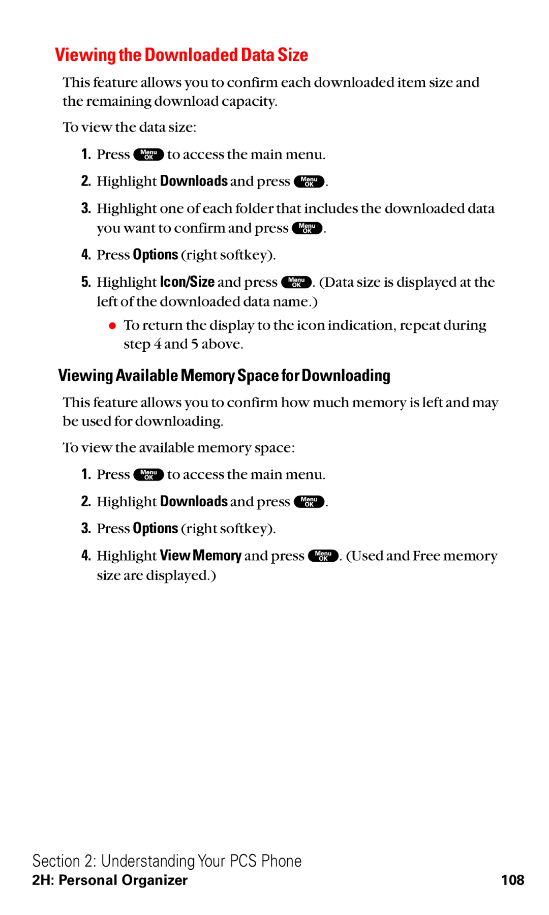 Sanyo RL2000 manual Viewing the Downloaded Data Size, Viewing Available Memory Space for Downloading 