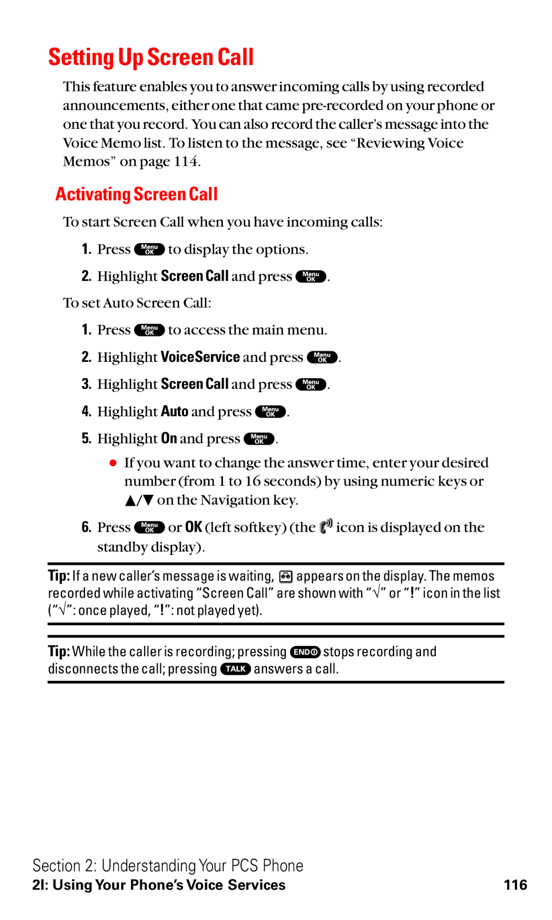 Sanyo RL2000 manual Setting Up Screen Call, Activating Screen Call 