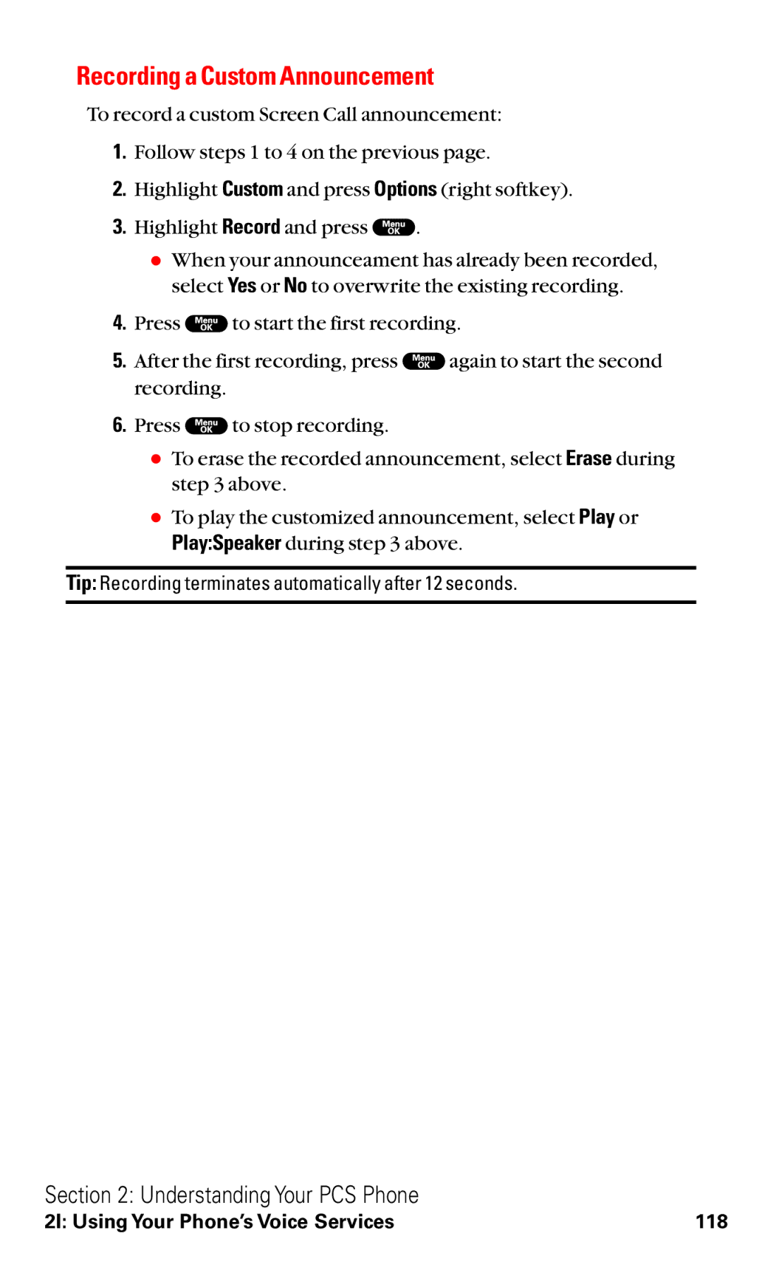 Sanyo RL2000 manual Recording a Custom Announcement 