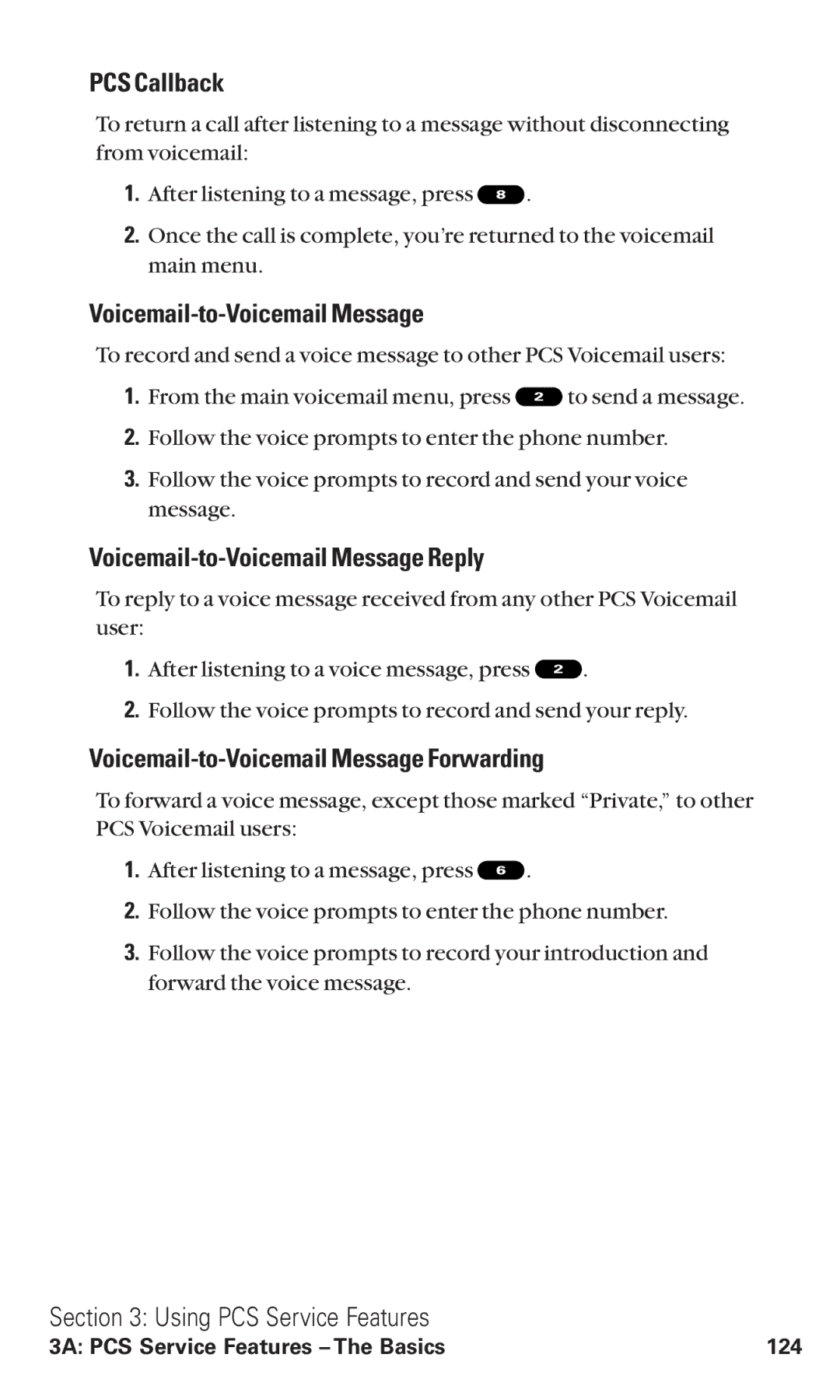 Sanyo RL2000 manual PCS Callback, Voicemail-to-Voicemail Message Reply, Voicemail-to-Voicemail Message Forwarding 