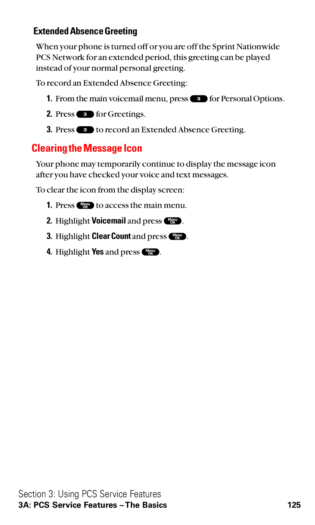 Sanyo RL2000 manual Clearing the Message Icon, Extended Absence Greeting 