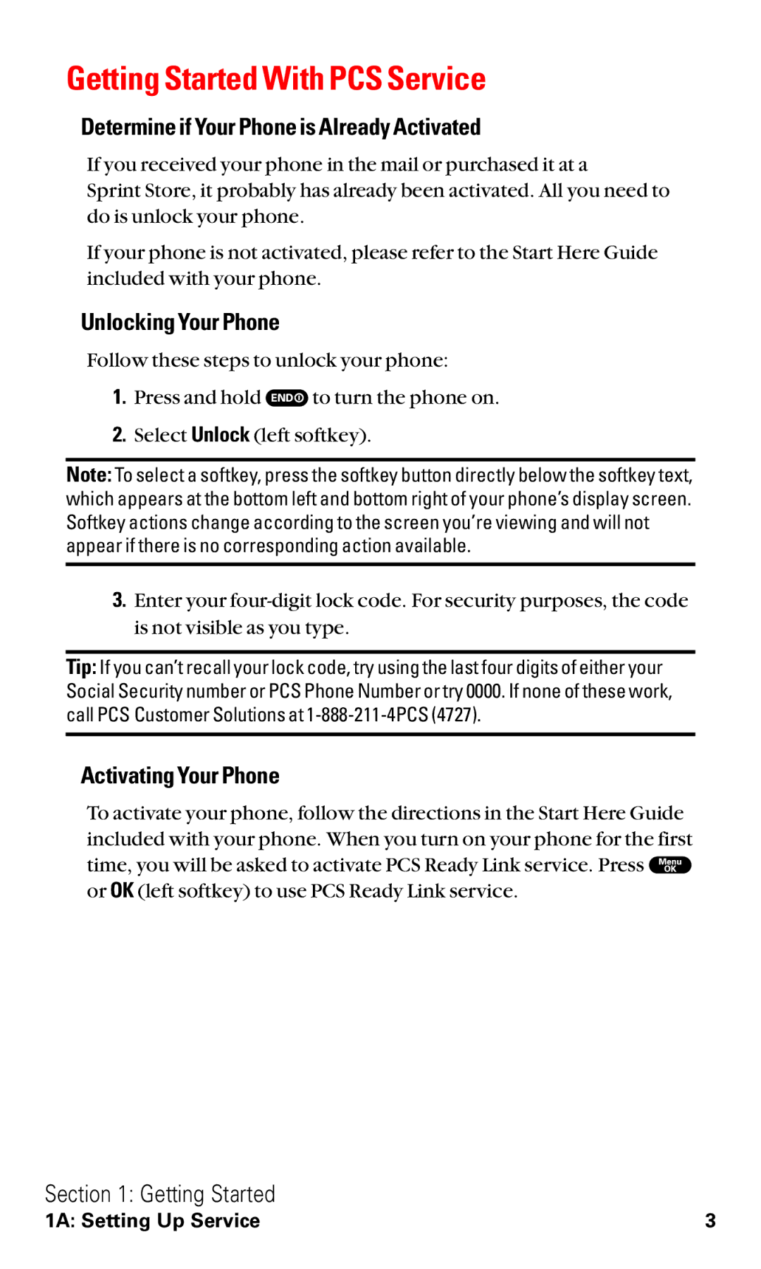 Sanyo RL2000 manual Getting Started With PCS Service, Determine if Your Phone is Already Activated, Unlocking Your Phone 