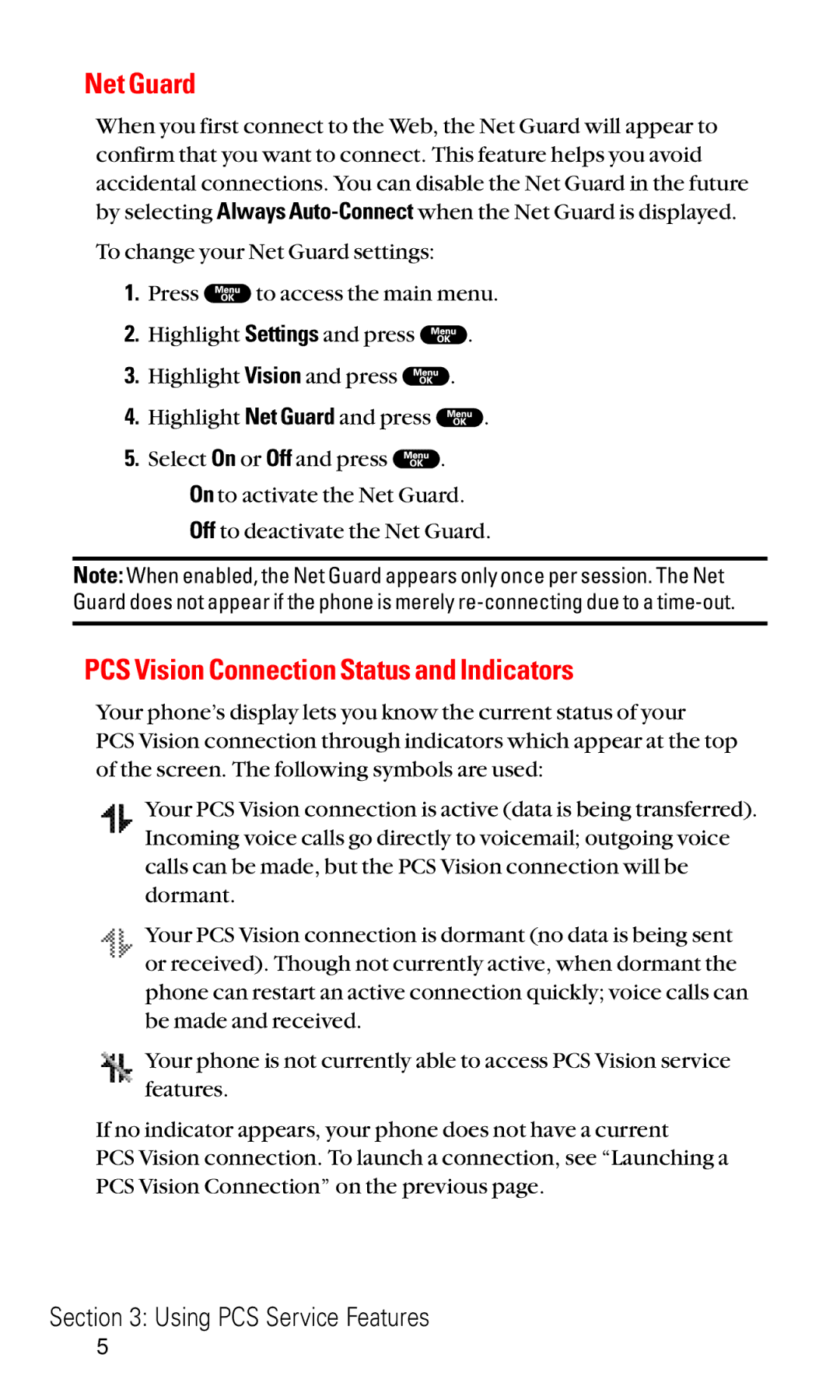 Sanyo RL2000 manual Net Guard, PCS Vision Connection Status and Indicators 