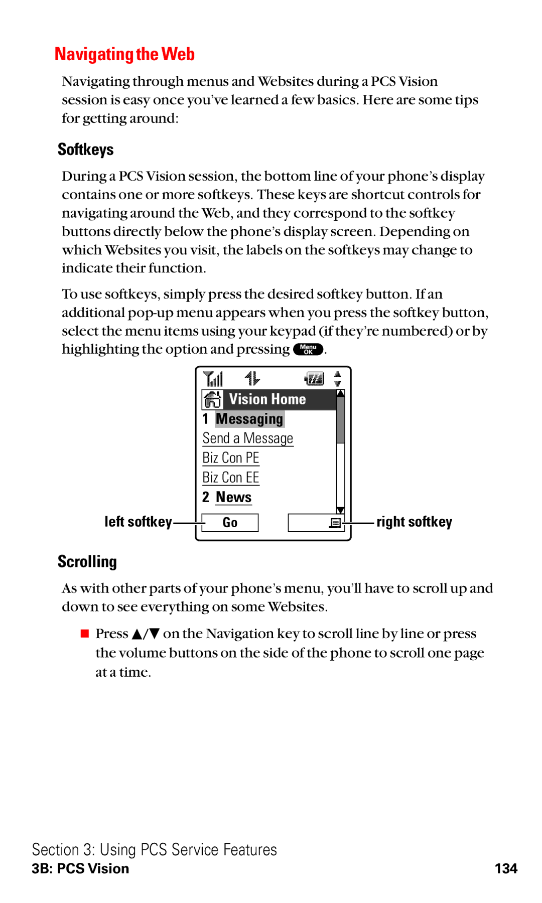 Sanyo RL2000 manual Navigating the Web, Softkeys, Scrolling 