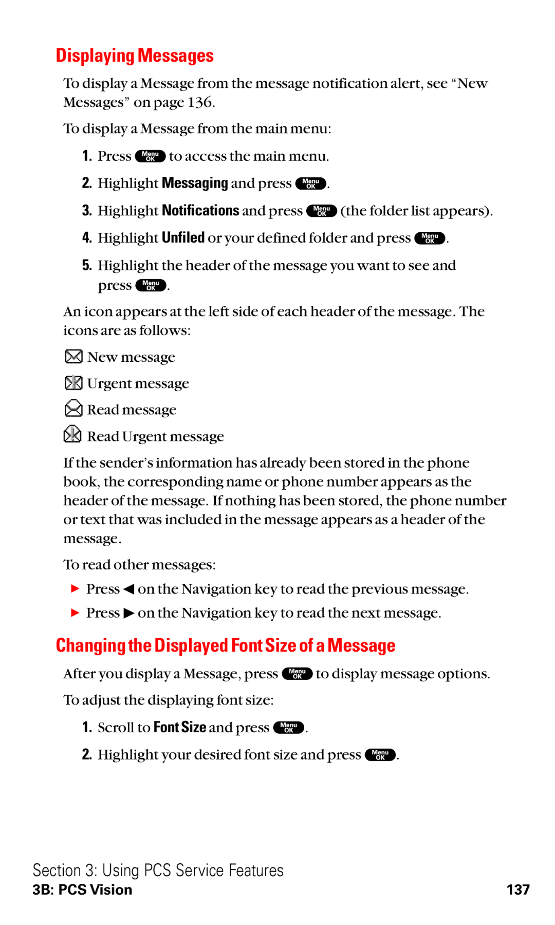 Sanyo RL2000 manual Displaying Messages, Changing the Displayed Font Size of a Message 