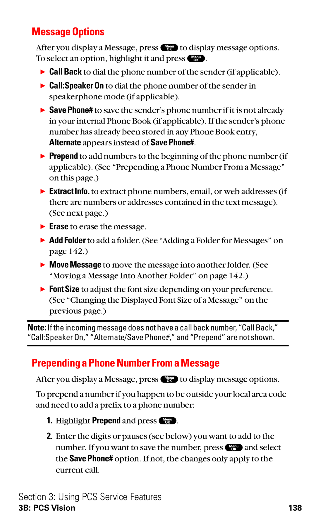 Sanyo RL2000 manual Message Options, Prepending a Phone Number From a Message 