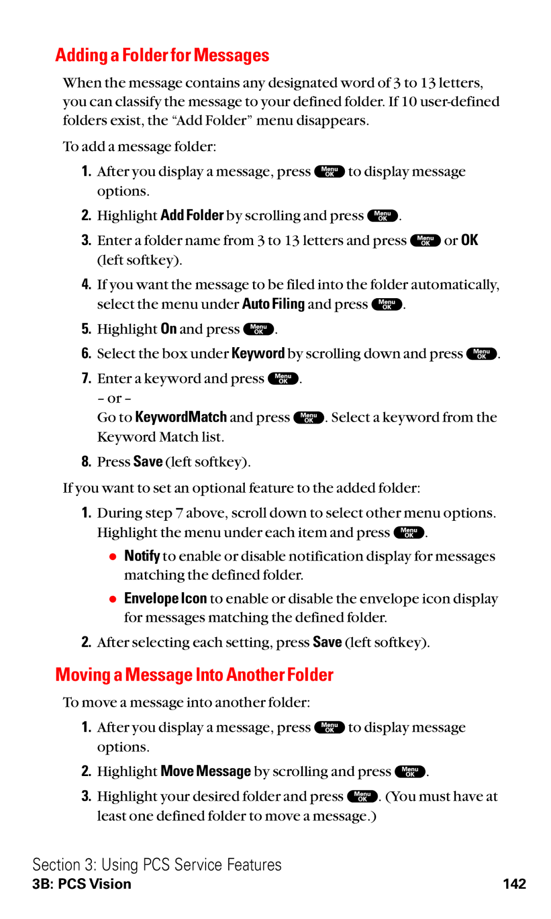 Sanyo RL2000 manual Adding a Folder for Messages, Moving a Message Into Another Folder 