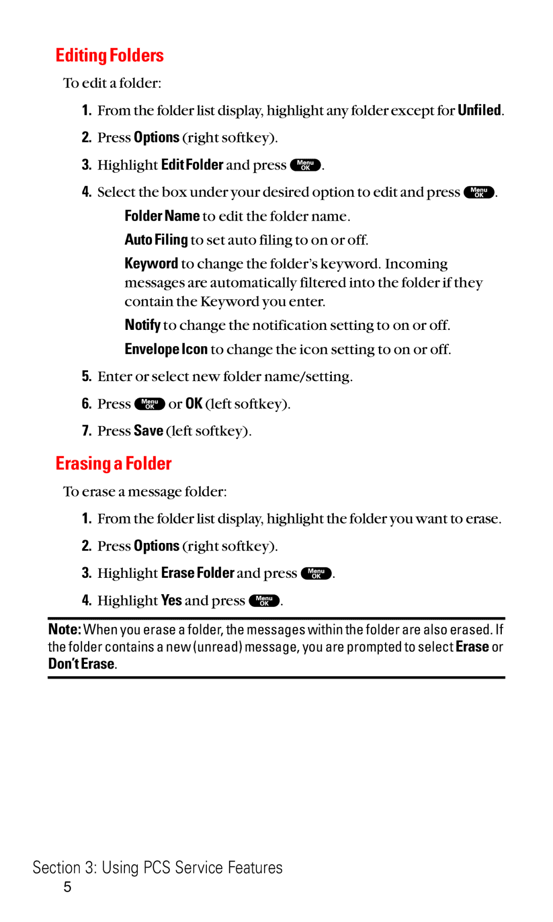 Sanyo RL2000 manual Editing Folders, Erasing a Folder, Don’t Erase 