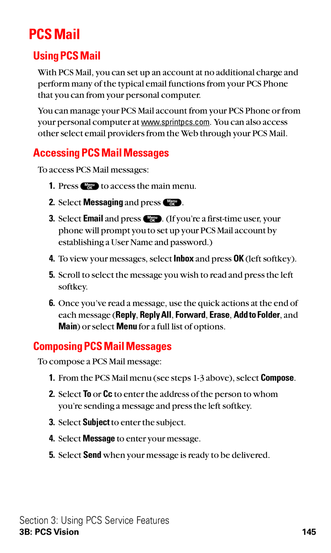 Sanyo RL2000 manual Using PCS Mail, Accessing PCS Mail Messages, Composing PCS Mail Messages 