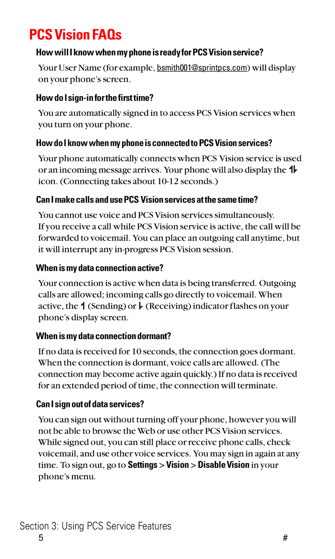 Sanyo RL2000 manual PCS Vision FAQs, When is my data connection active?, When is my data connection dormant? 