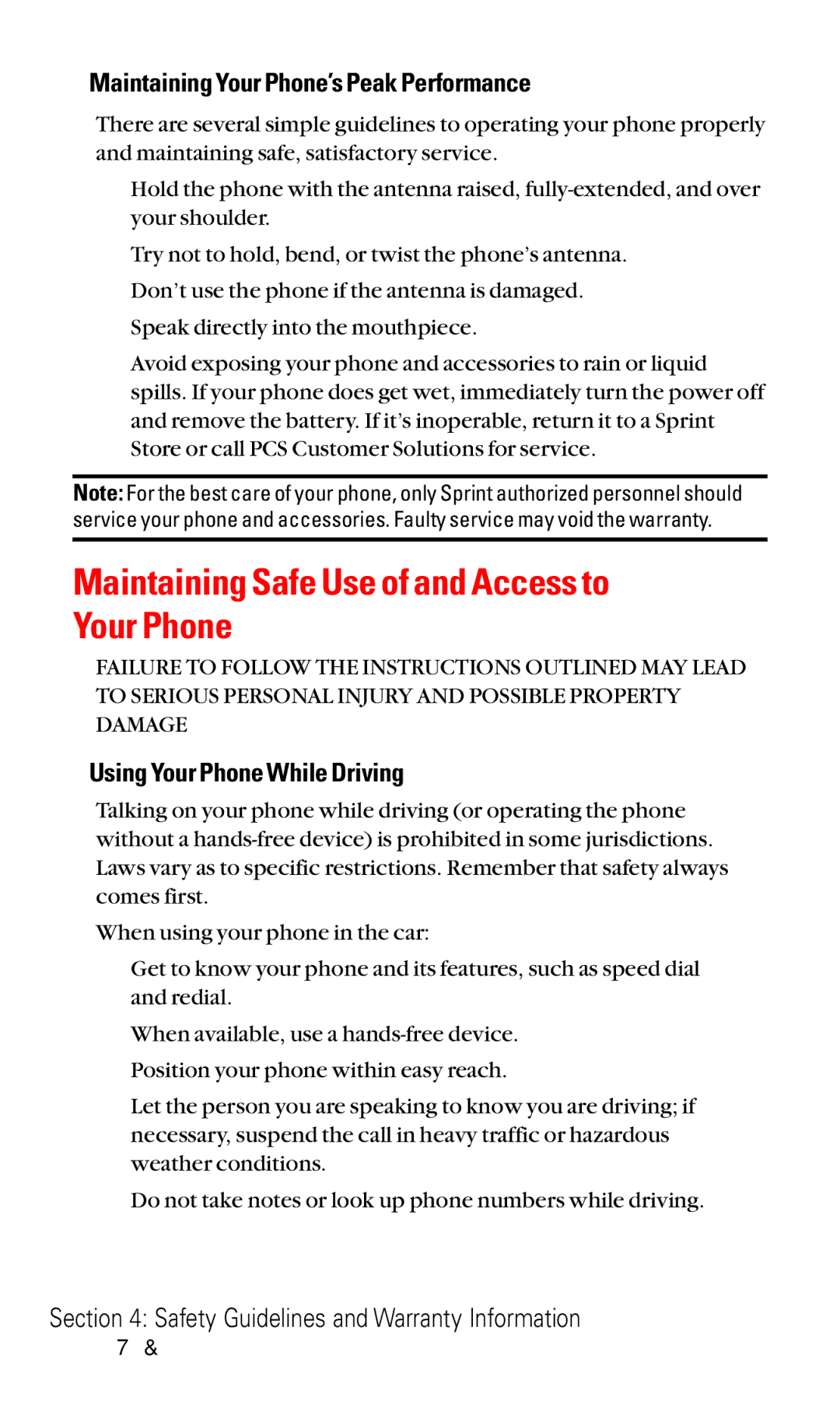 Sanyo RL2000 manual Maintaining Safe Use of and Access to Your Phone, Maintaining Your Phone’s Peak Performance 