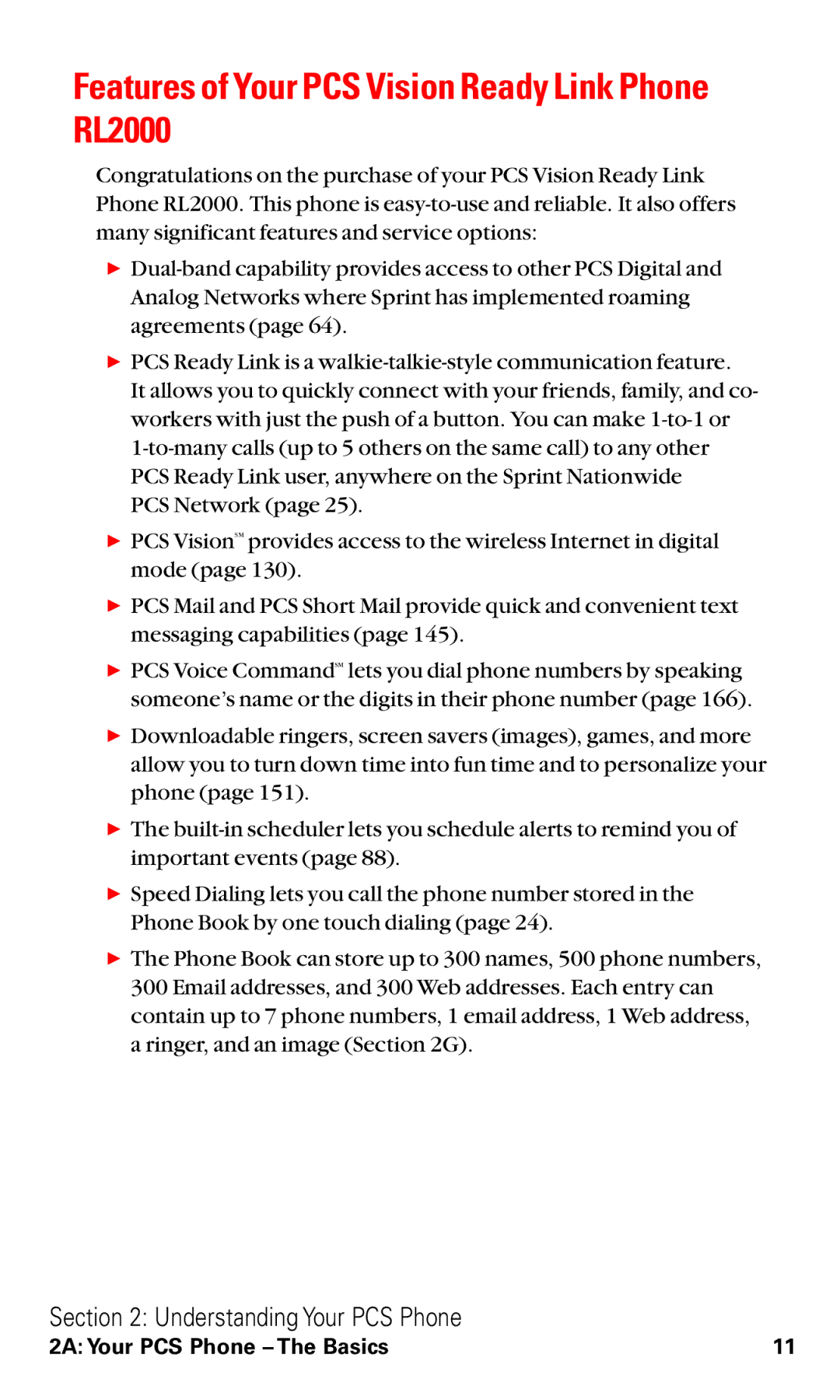 Sanyo manual Features of Your PCS Vision Ready Link Phone RL2000 