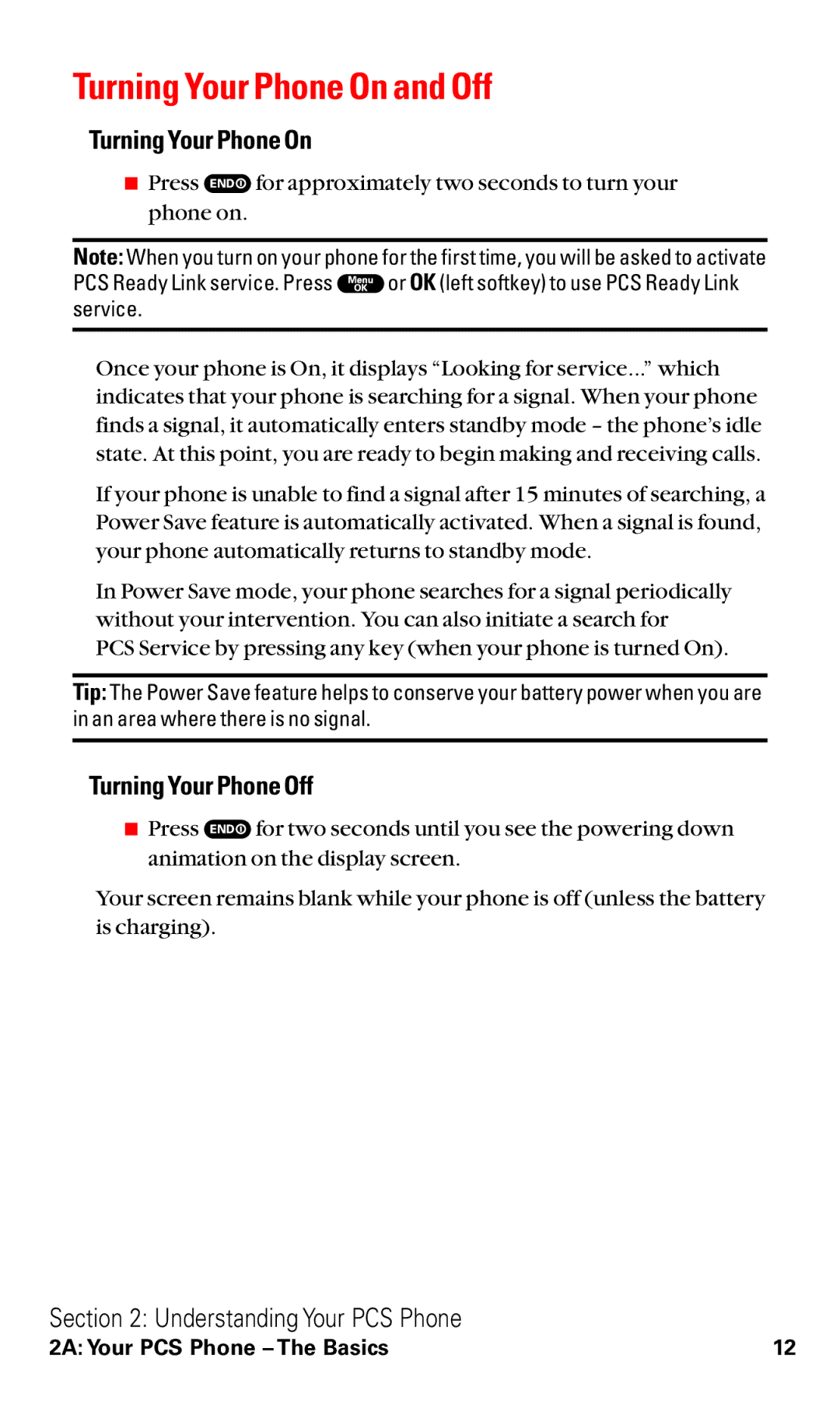 Sanyo RL2000 manual Turning Your Phone On and Off, Turning Your Phone Off 