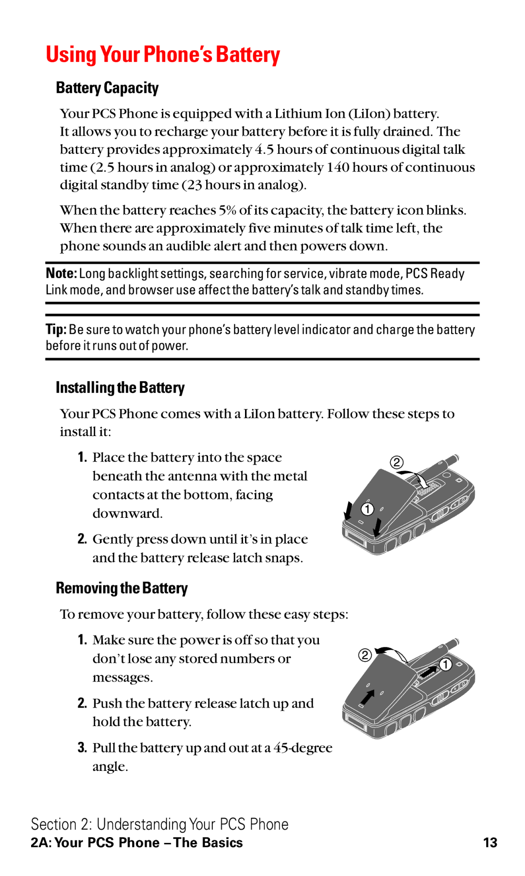 Sanyo RL2000 manual Using Your Phone’s Battery, Battery Capacity, Installingthe Battery, Removingthe Battery 