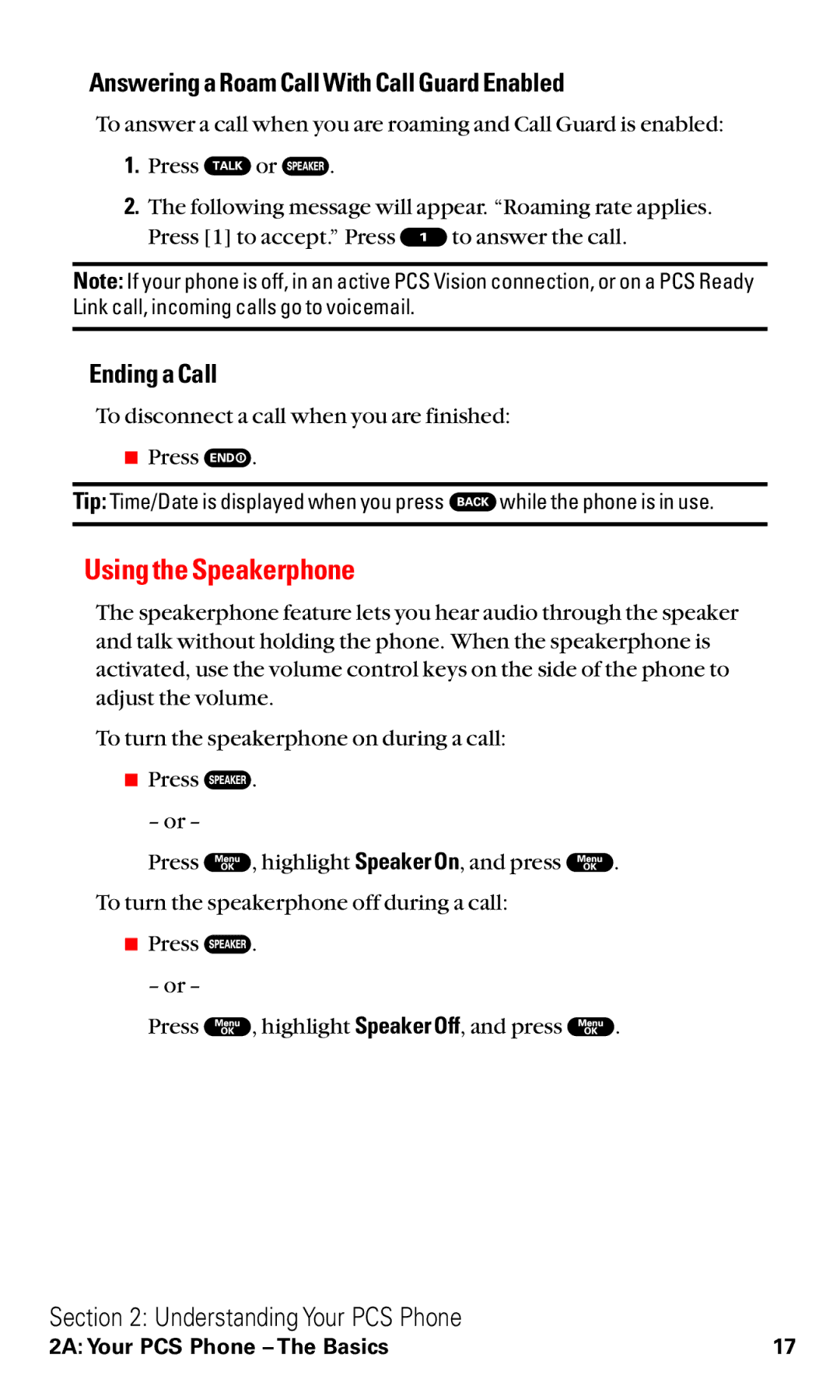 Sanyo RL2000 manual Using the Speakerphone, Answering a Roam Call With Call Guard Enabled, Ending a Call 