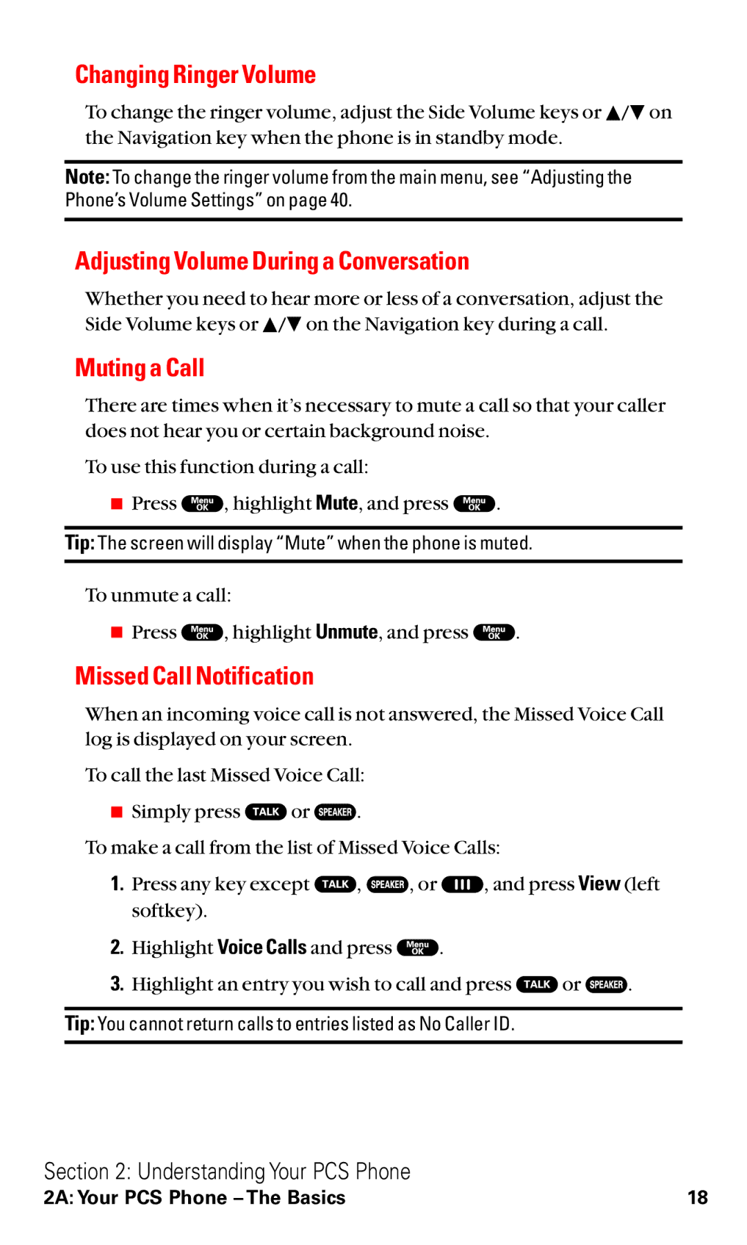 Sanyo RL2000 manual Changing Ringer Volume, Adjusting Volume During a Conversation, Muting a Call, Missed Call Notification 