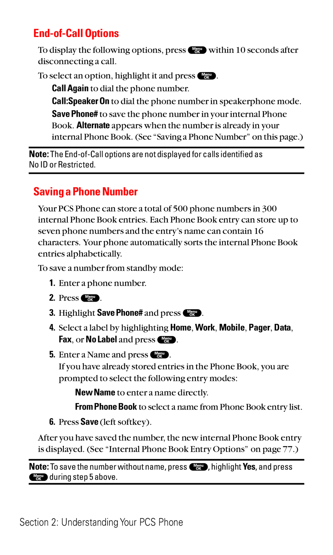 Sanyo RL2000 manual End-of-Call Options, Saving a Phone Number 