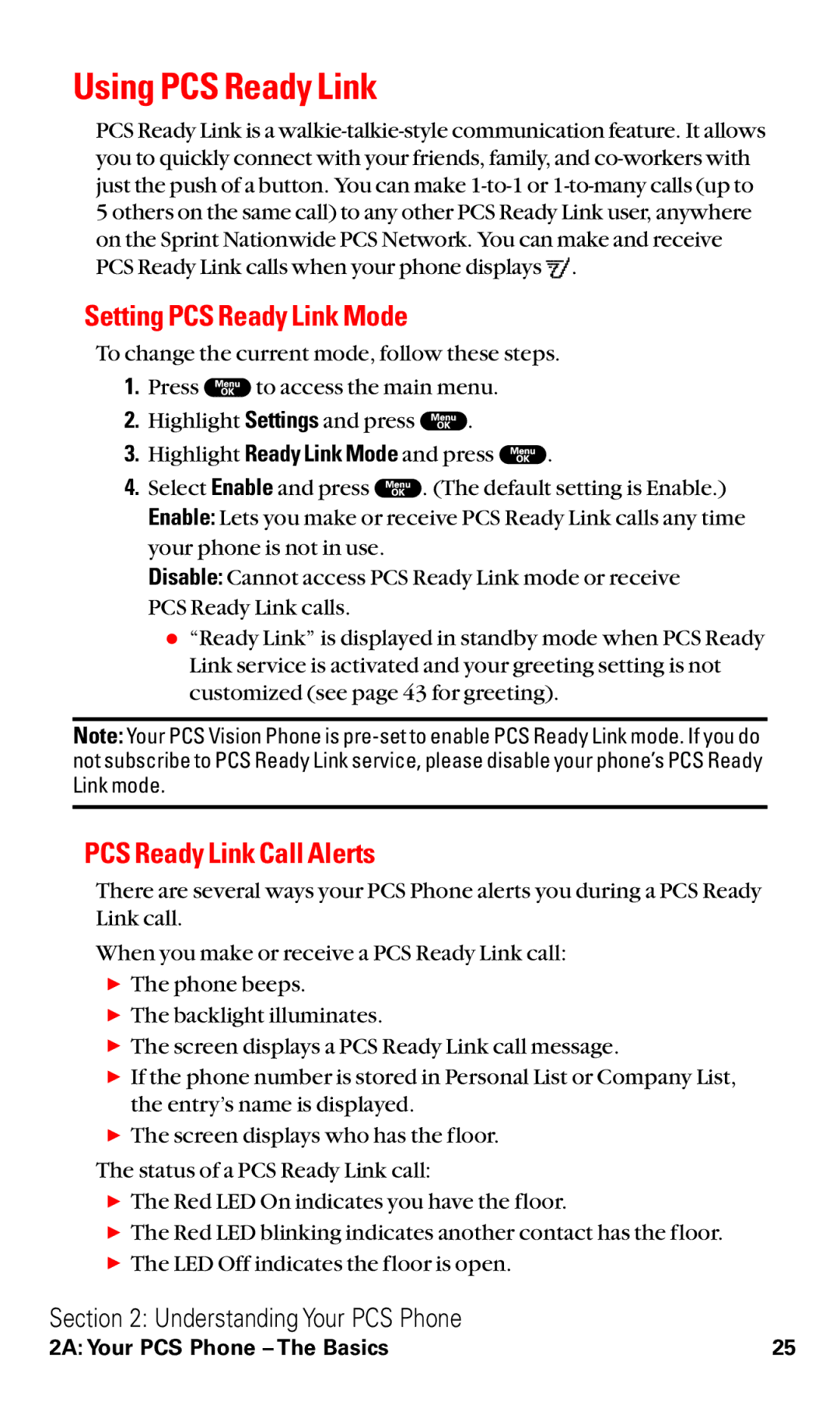 Sanyo RL2000 manual Using PCS Ready Link, Setting PCS Ready Link Mode, PCS Ready Link Call Alerts 