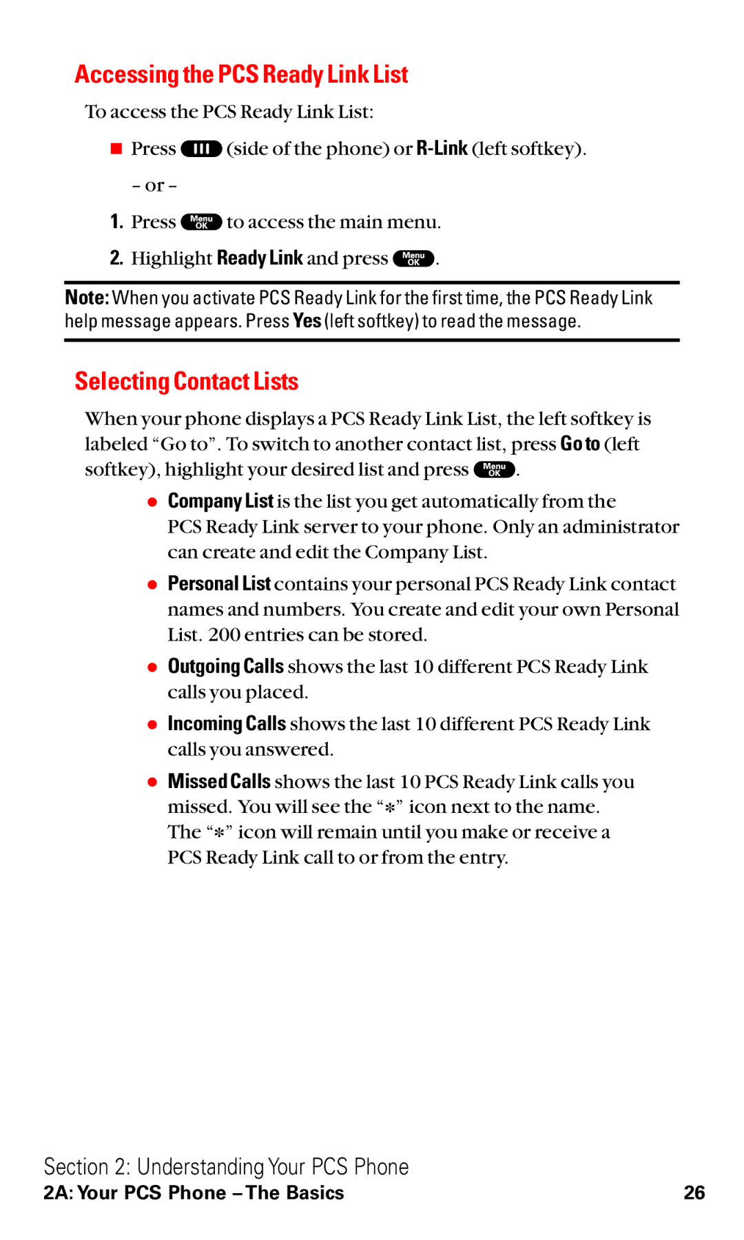 Sanyo RL2000 manual Accessing the PCS Ready Link List, Selecting Contact Lists 