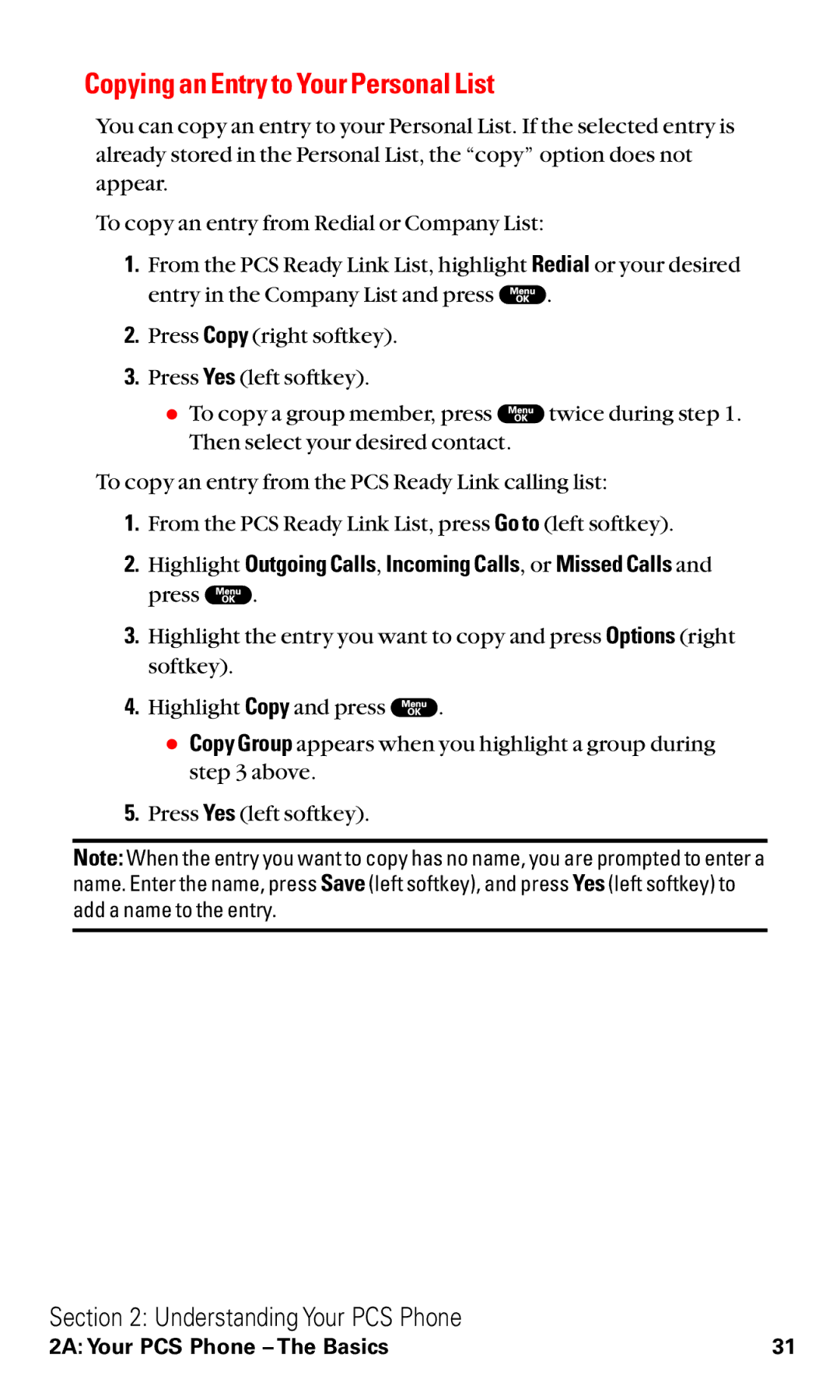 Sanyo RL2000 manual Copying an Entry to Your Personal List, Highlight Outgoing Calls, Incoming Calls, or Missed Calls 