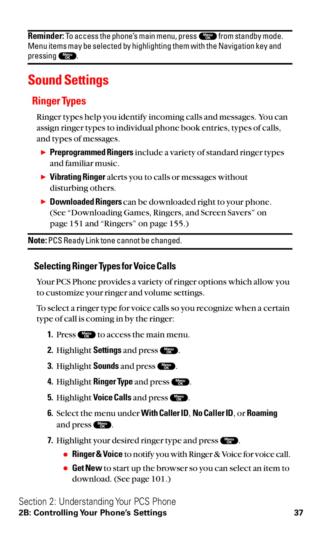 Sanyo RL2000 manual Sound Settings, Selecting Ringer Types for Voice Calls 