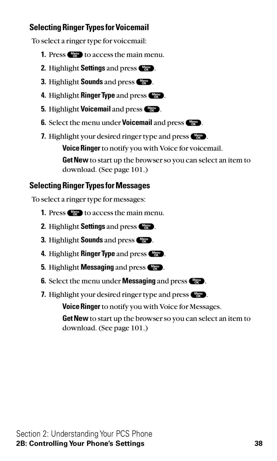 Sanyo RL2000 manual Selecting Ringer Types for Voicemail, Selecting Ringer Types for Messages 