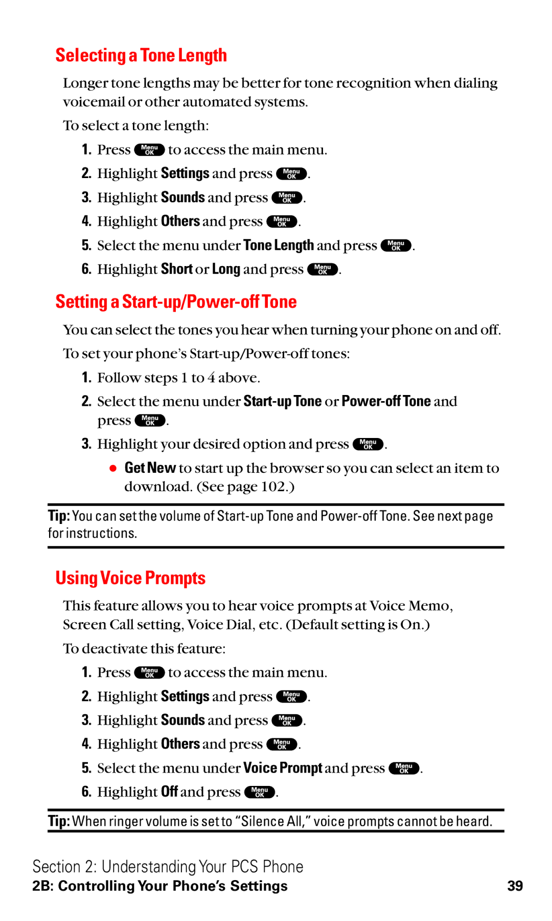 Sanyo RL2000 manual Selecting a Tone Length, Setting a Start-up/Power-off Tone, Using Voice Prompts 