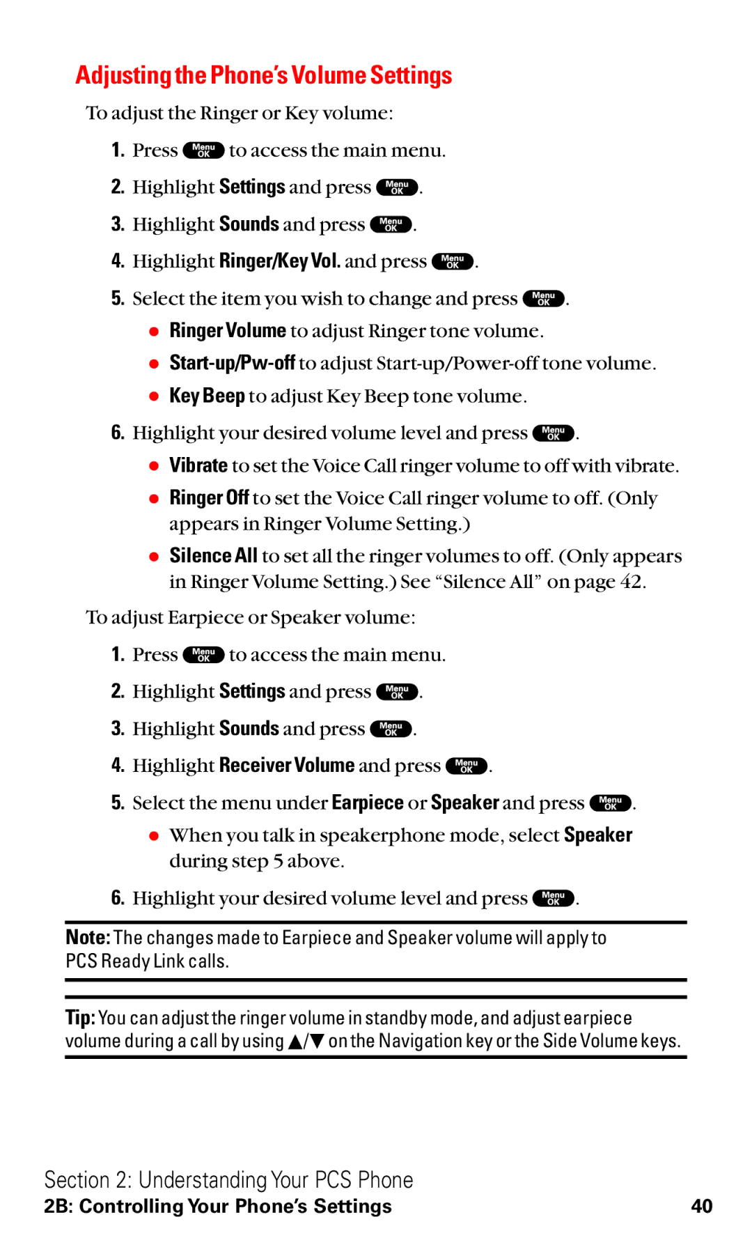 Sanyo RL2000 manual Adjusting the Phone’s Volume Settings 