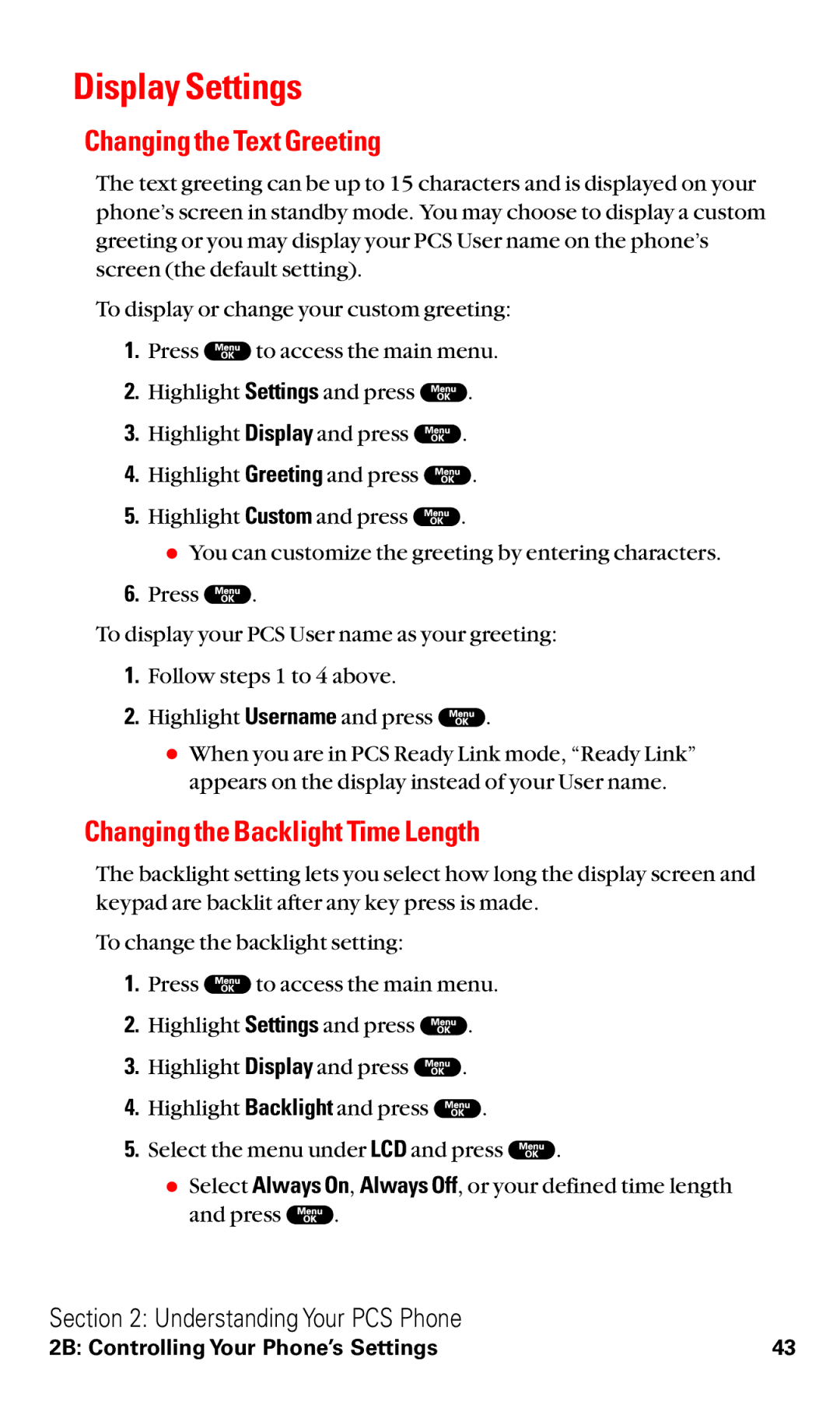 Sanyo RL2000 manual Display Settings, Changing the Text Greeting, Changing the Backlight Time Length 