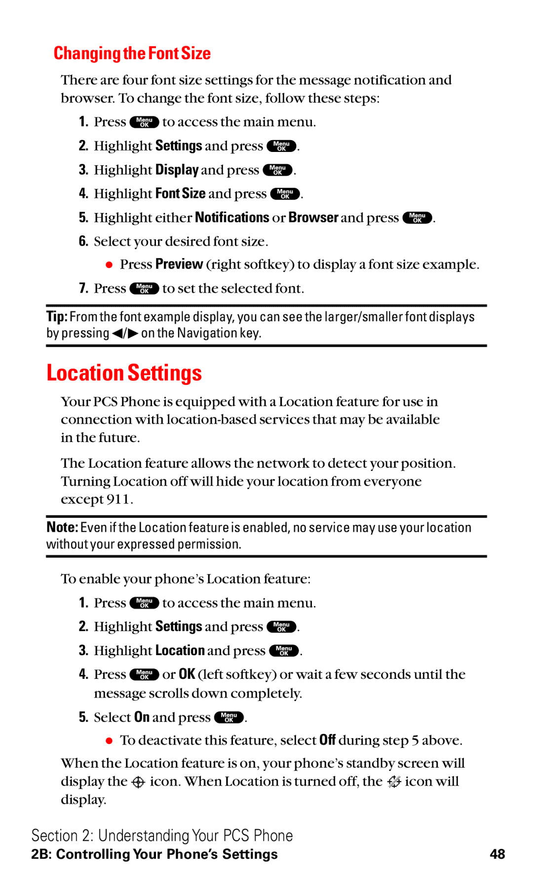 Sanyo RL2000 manual Location Settings, Changing the Font Size 