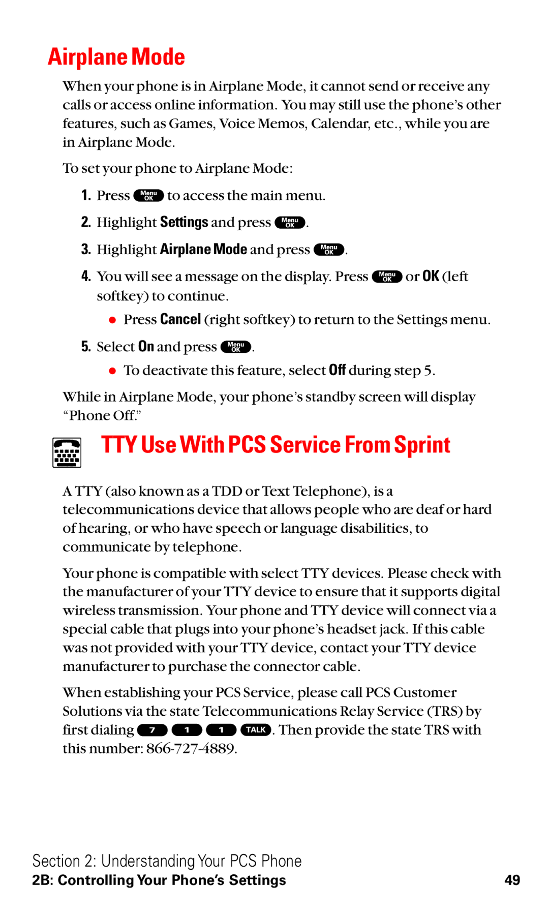 Sanyo RL2000 manual Airplane Mode, TTY Use With PCS Service From Sprint 