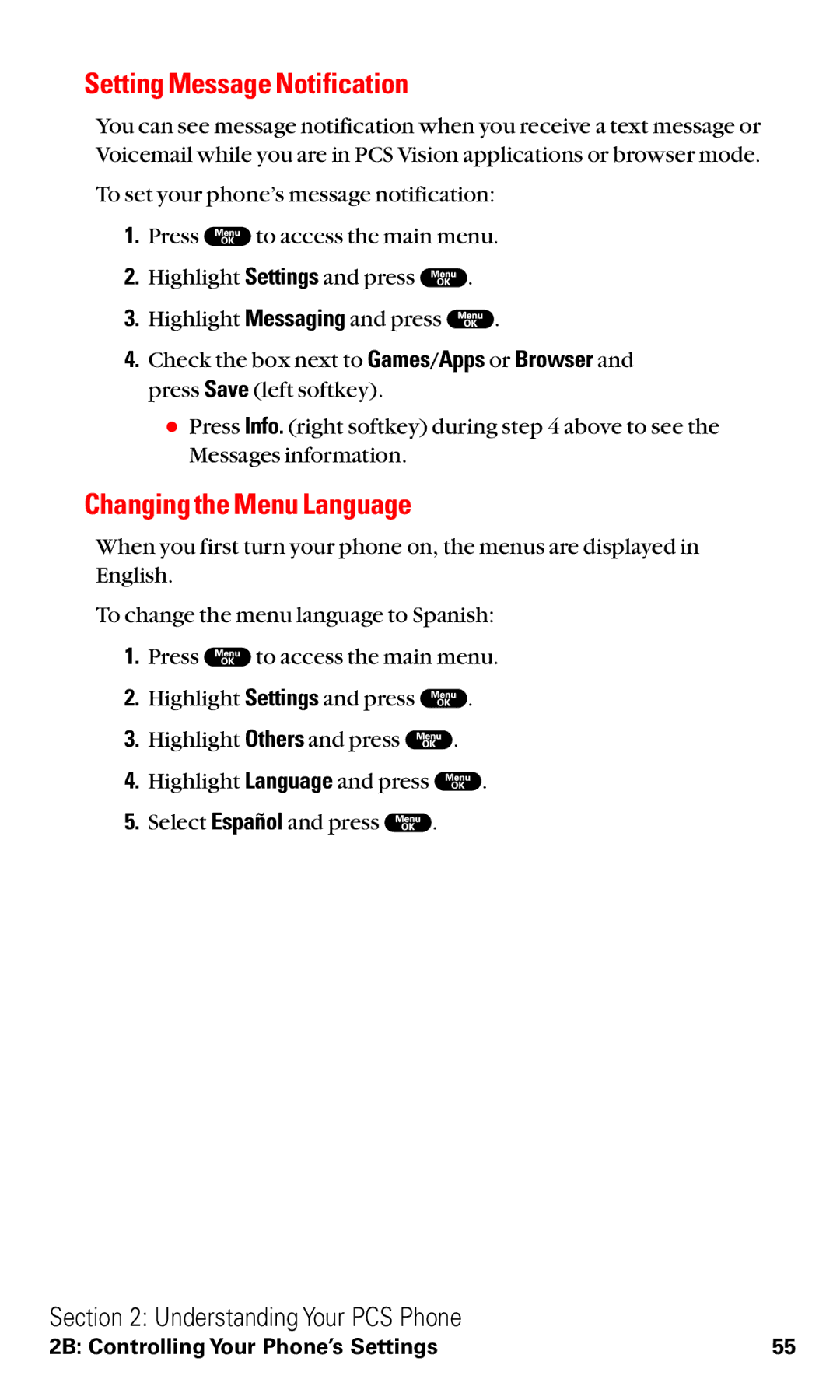 Sanyo RL2000 manual Setting Message Notification, Changing the Menu Language 