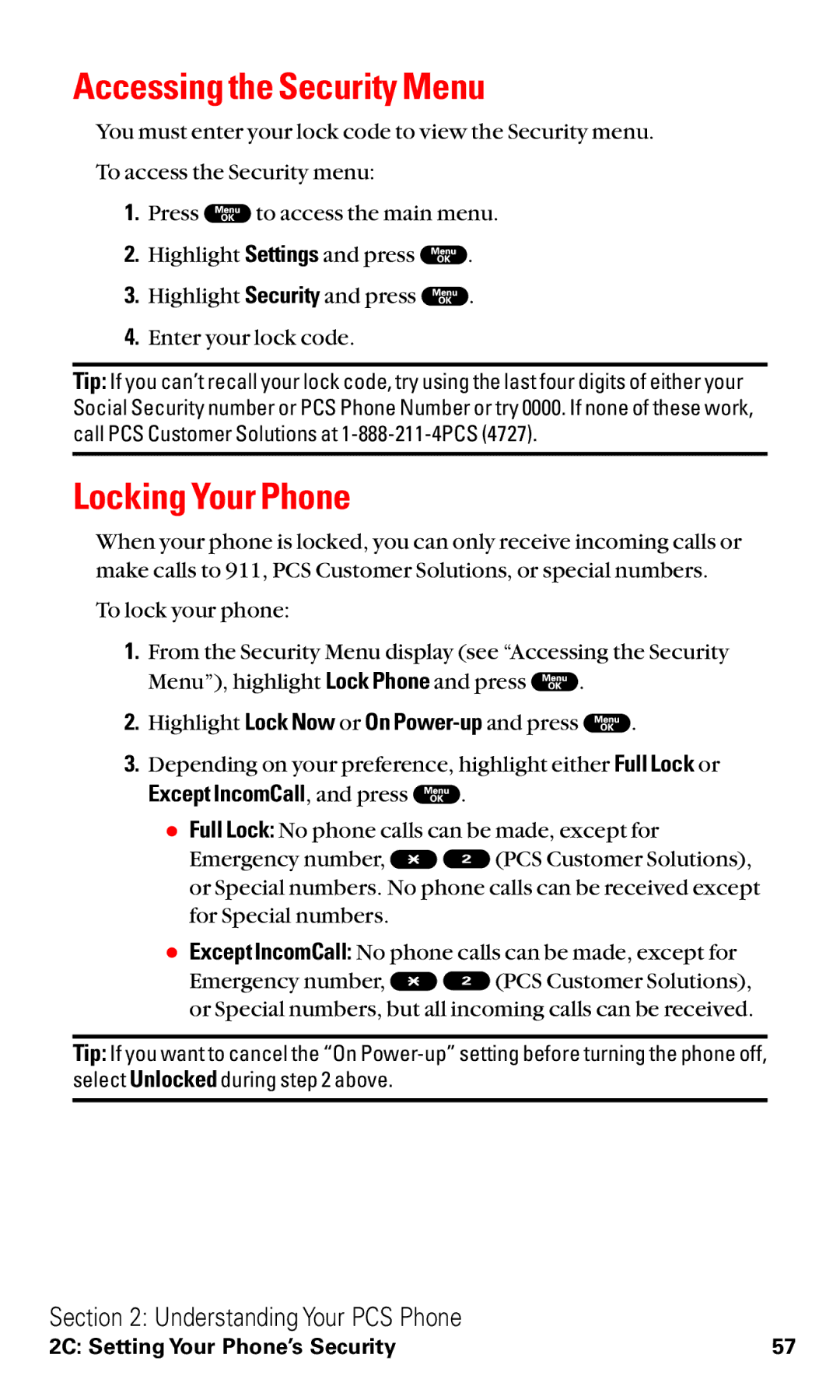 Sanyo RL2000 manual Accessing the Security Menu, Locking Your Phone, Except IncomCall, and press 