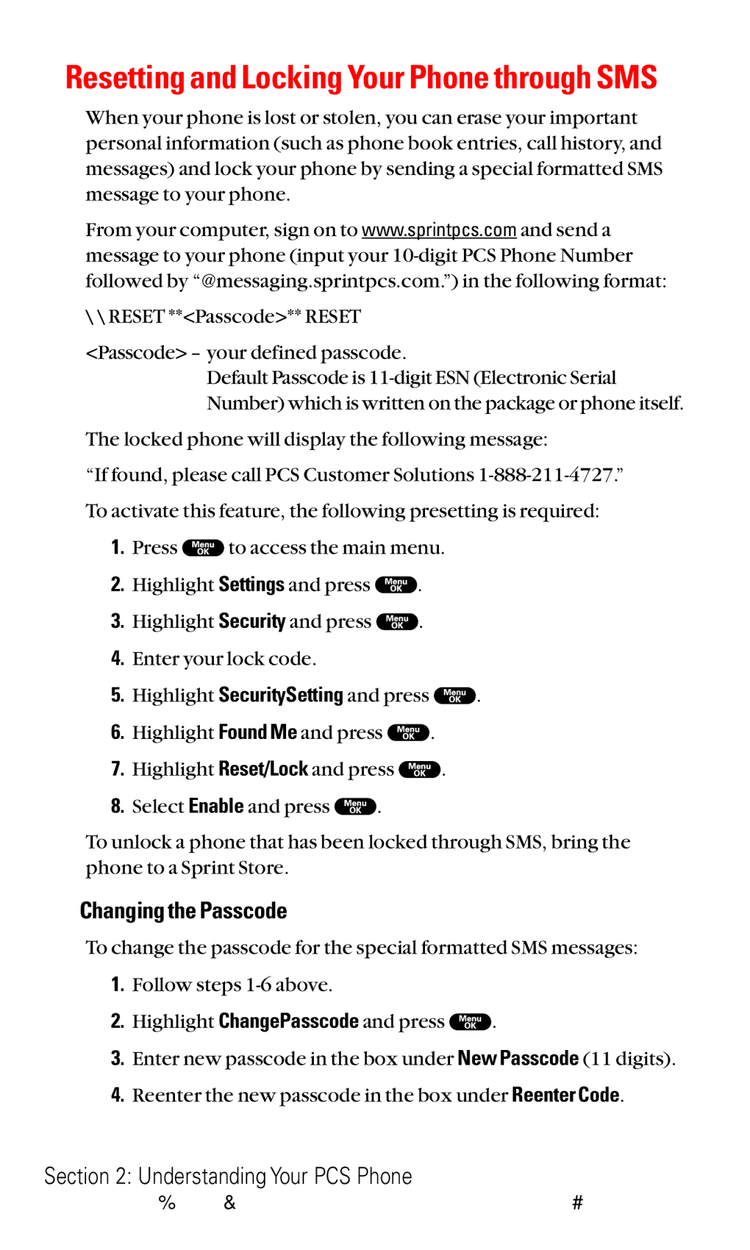 Sanyo RL2000 manual Resetting and Locking Your Phone through SMS, Changing the Passcode 