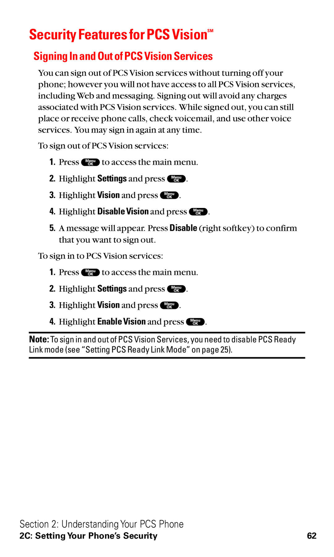 Sanyo RL2000 manual Security Features for PCS VisionSM, Signing In and Out of PCS Vision Services 