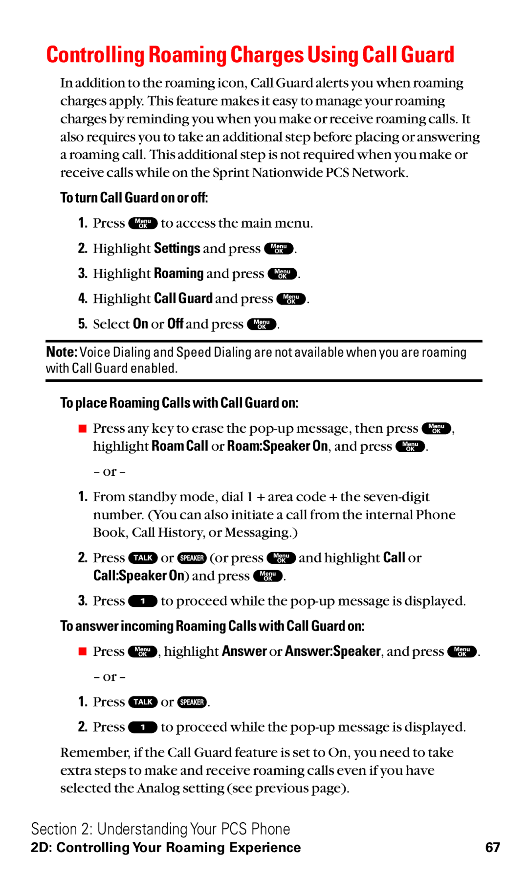 Sanyo RL2000 manual To turn Call Guard on or off, To place Roaming Calls with Call Guard on, CallSpeaker On and press 