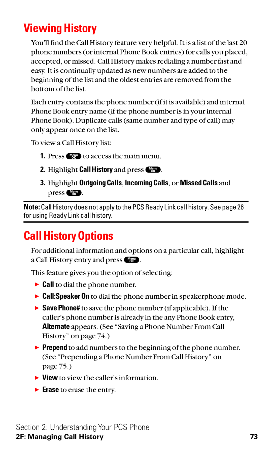 Sanyo RL2000 manual Viewing History, Call History Options 