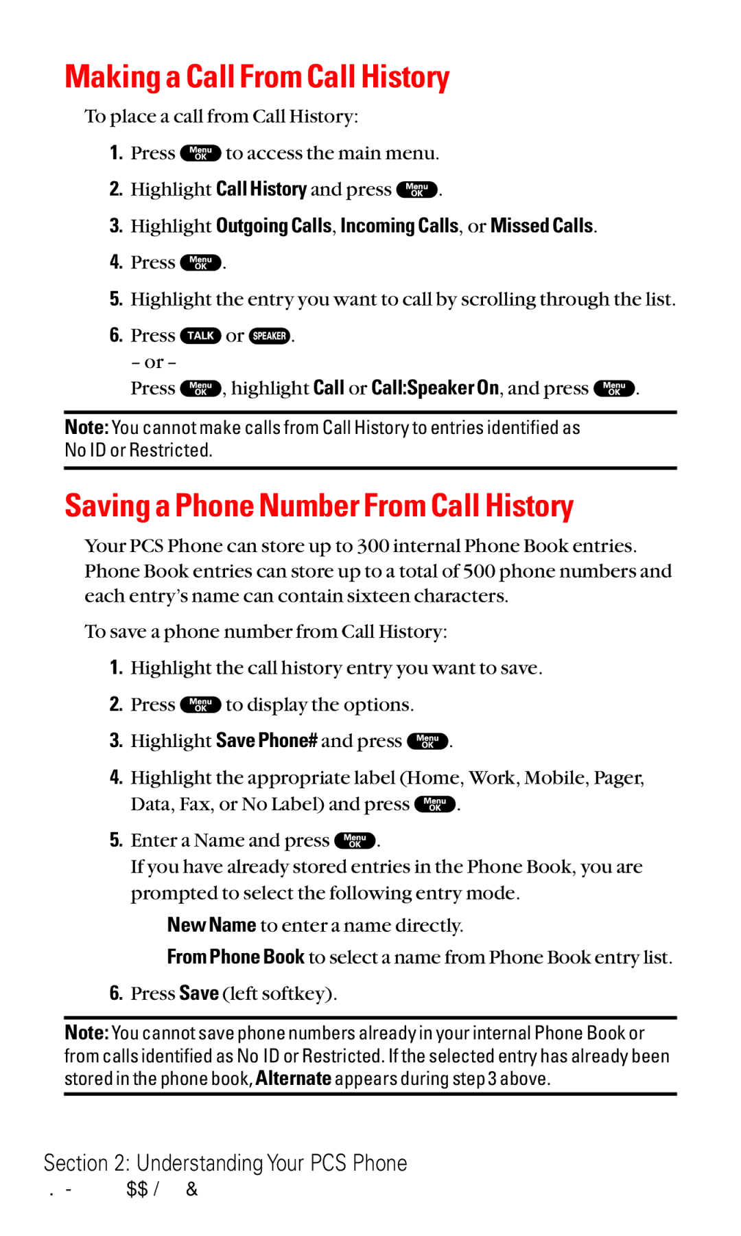 Sanyo RL2000 manual Making a Call From Call History, Saving a Phone Number From Call History 