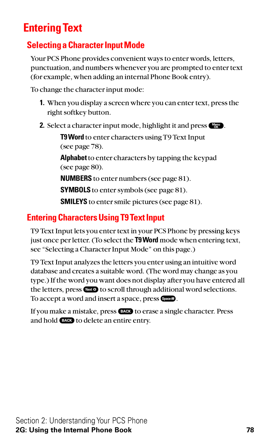 Sanyo RL2000 manual Entering Text, Selecting a Character Input Mode, Entering Characters Using T9 Text Input 