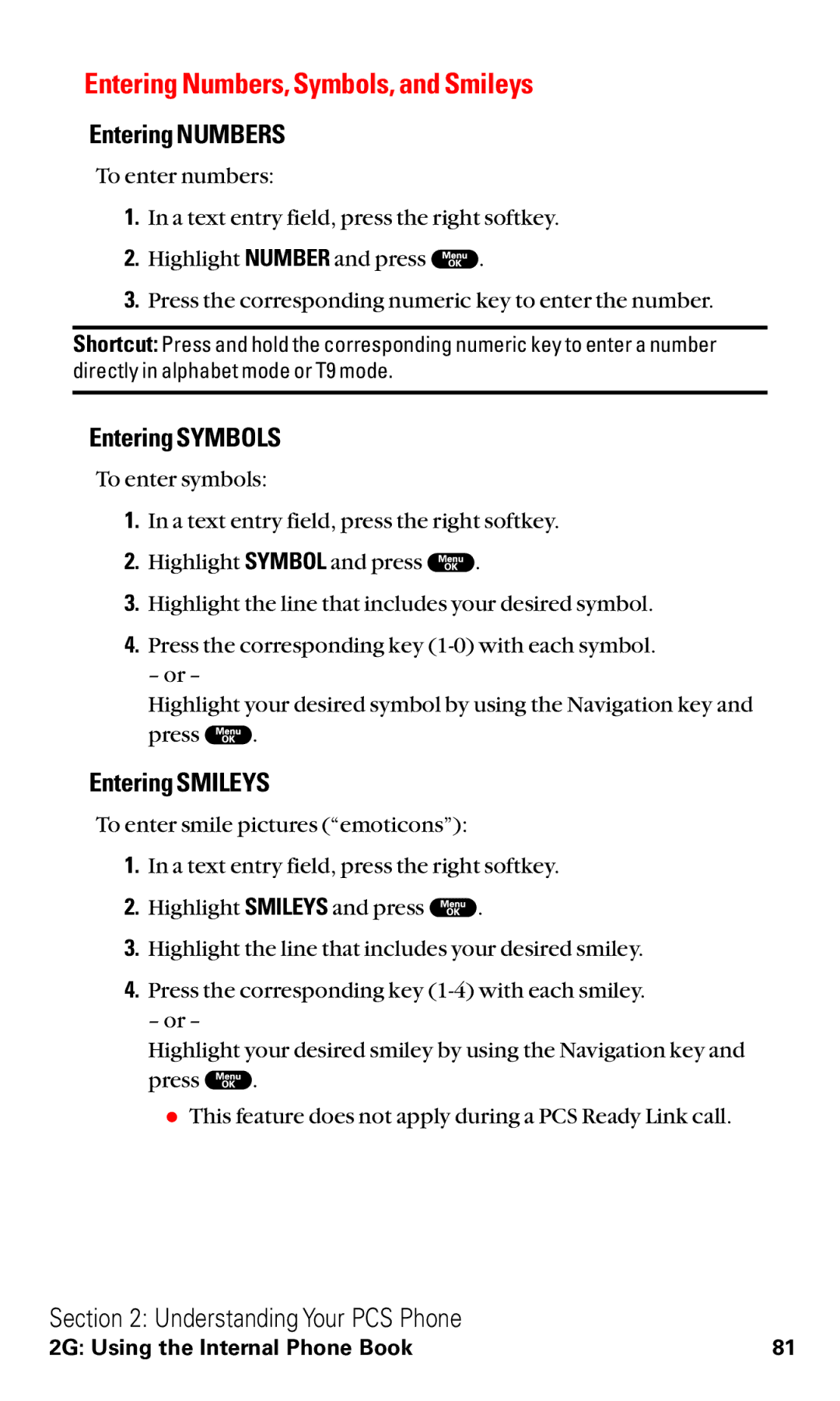 Sanyo RL2000 manual Entering Numbers, Symbols, and Smileys, Entering Symbols, Entering Smileys 