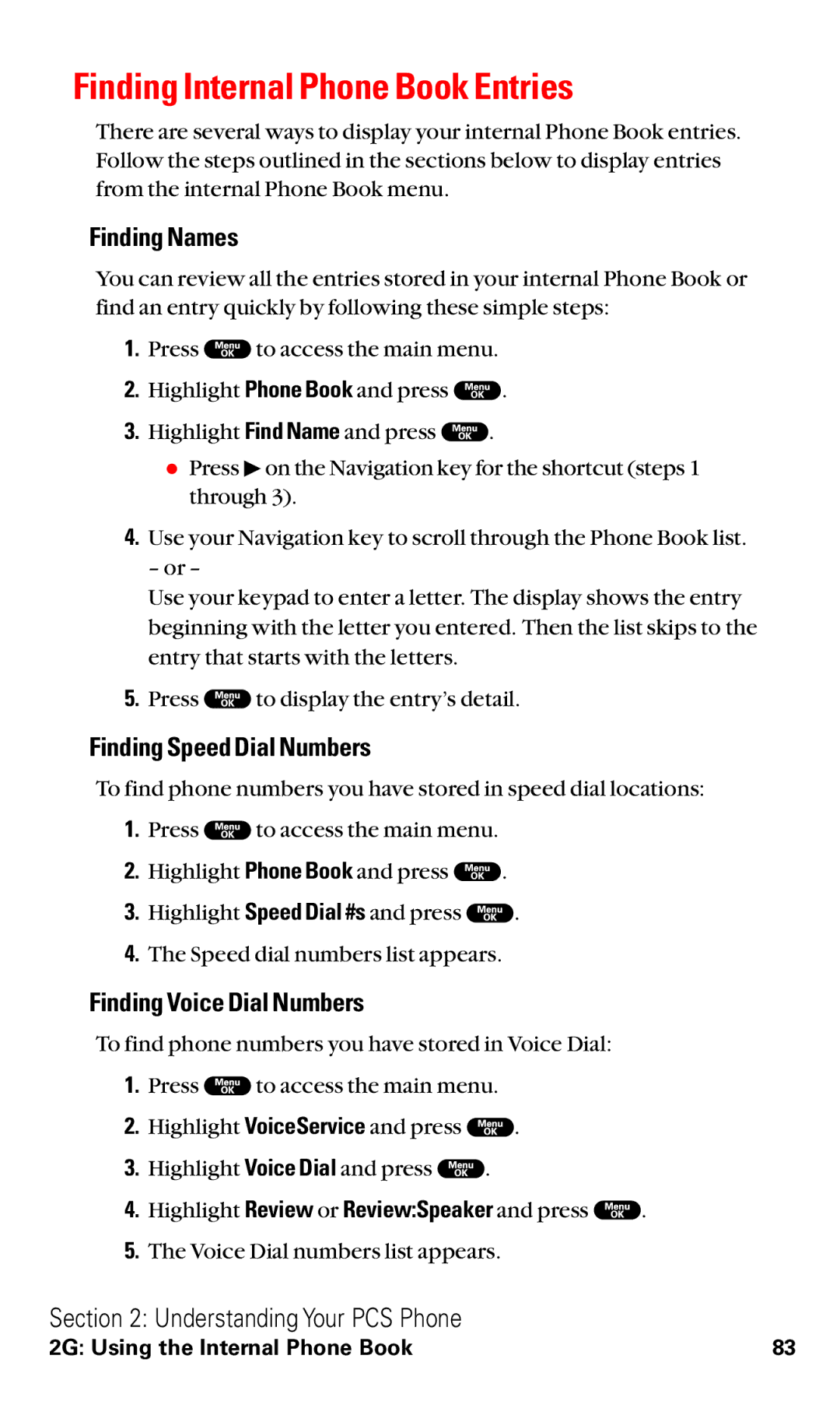 Sanyo RL2000 Finding Internal Phone Book Entries, Finding Names, Finding Speed Dial Numbers, Finding Voice Dial Numbers 