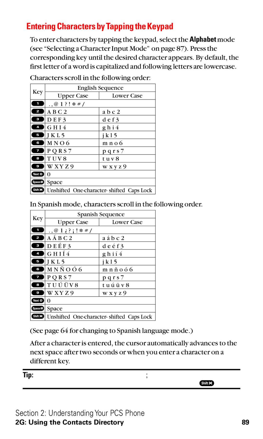 Sanyo RL2500 manual Entering Characters by Tapping the Keypad, Spanish mode, characters scroll in the following order 