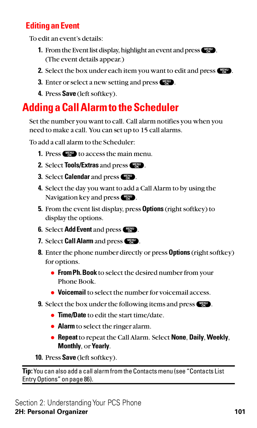 Sanyo RL2500 manual Adding a Call Alarm to the Scheduler, Editing an Event 