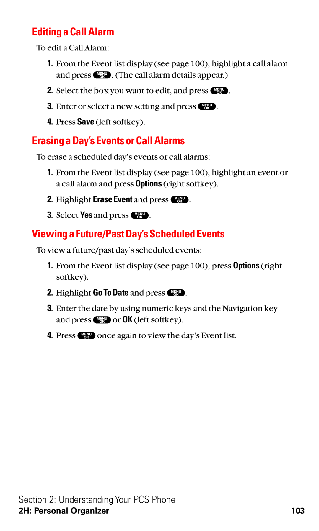 Sanyo RL2500 Editing a Call Alarm, Erasing a Day’s Events or Call Alarms, Viewing a Future/Past Day’s Scheduled Events 