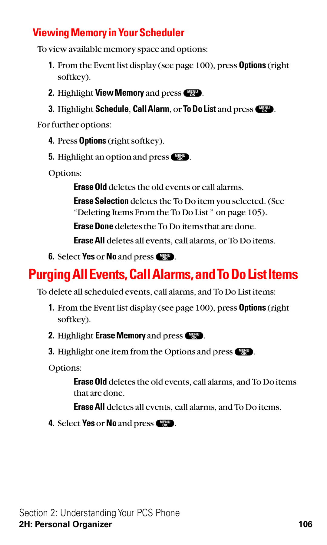 Sanyo RL2500 manual Viewing Memory in Your Scheduler, Purging All Events, Call Alarms, and To Do List Items 