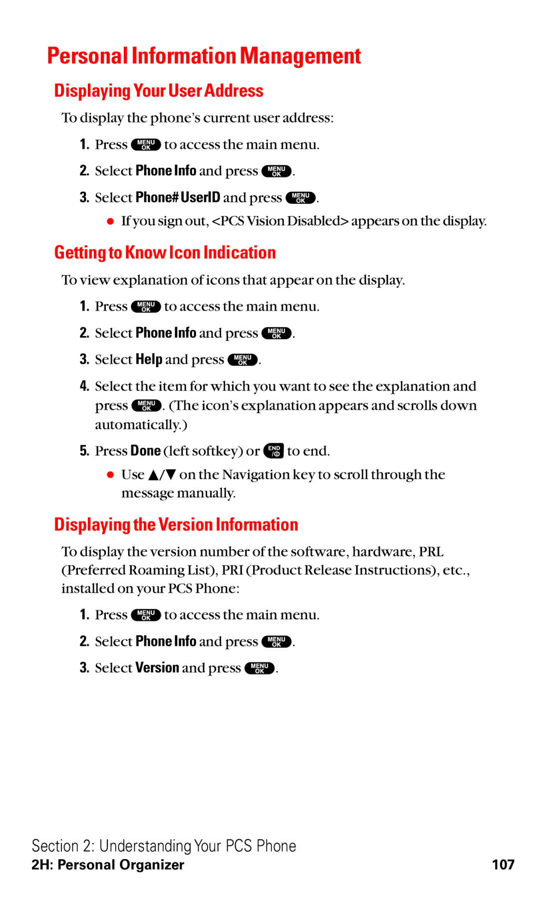 Sanyo RL2500 manual Personal Information Management, Displaying Your User Address, Getting to Know Icon Indication 